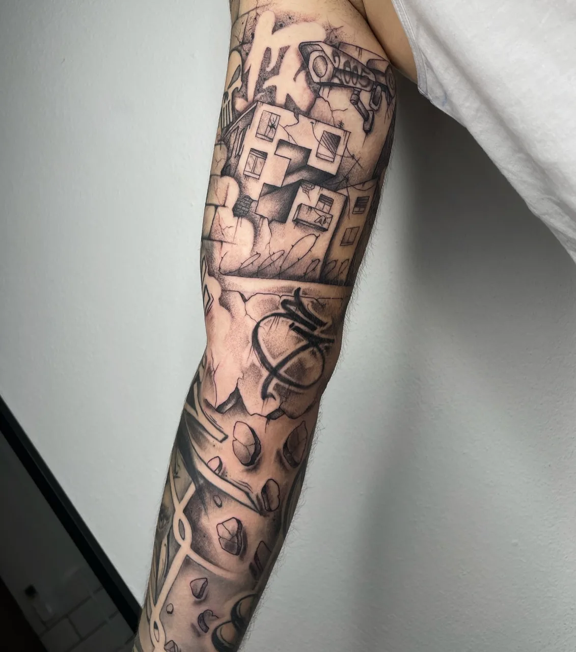Urban decay geometric tattoo on the forearm by Blot_Tattoo