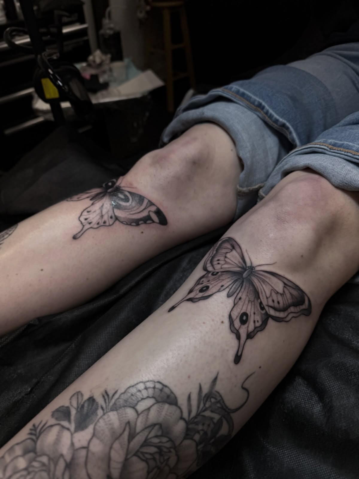 Butterfly black and grey tattoo on the forearm by Chloe