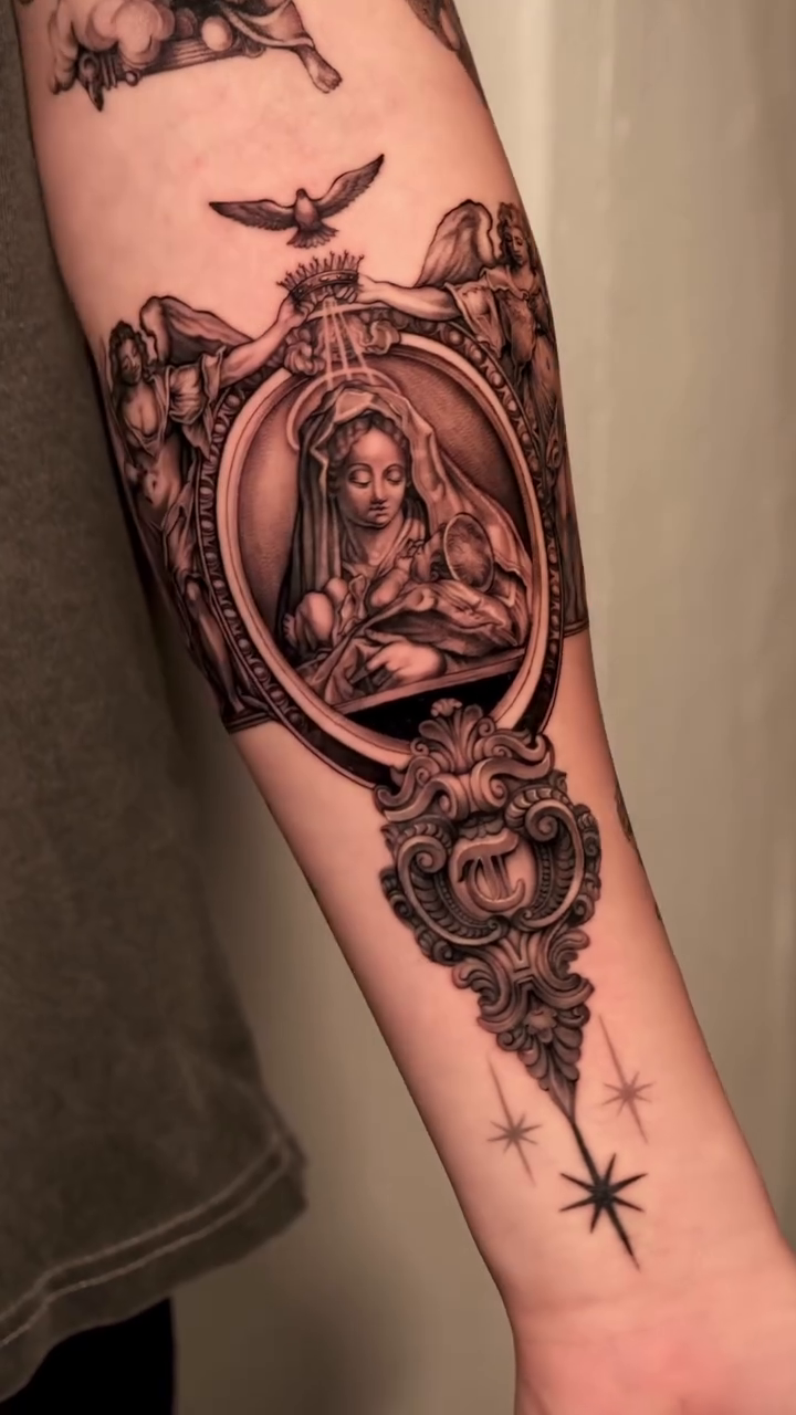 Religious portrait in ornate frame realism tattoo by Ayoungg