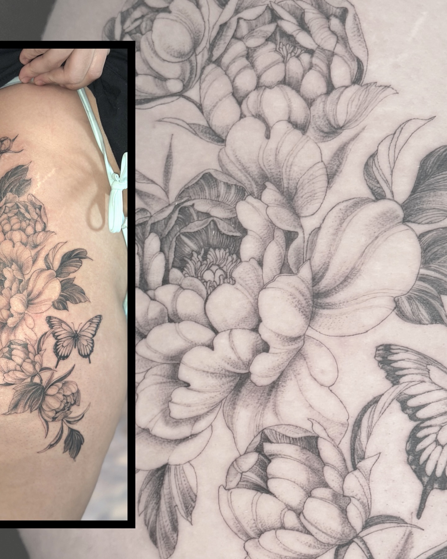 Peony flowers and butterfly black and grey tattoo on the thigh by R e N O T