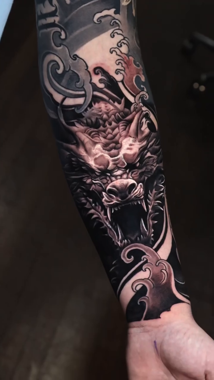 Dragon and waves japanese irezumi tattoo by Ali Saleh 🇱🇧 Detroit Tattoo Artist, Dearborn, Michigan
