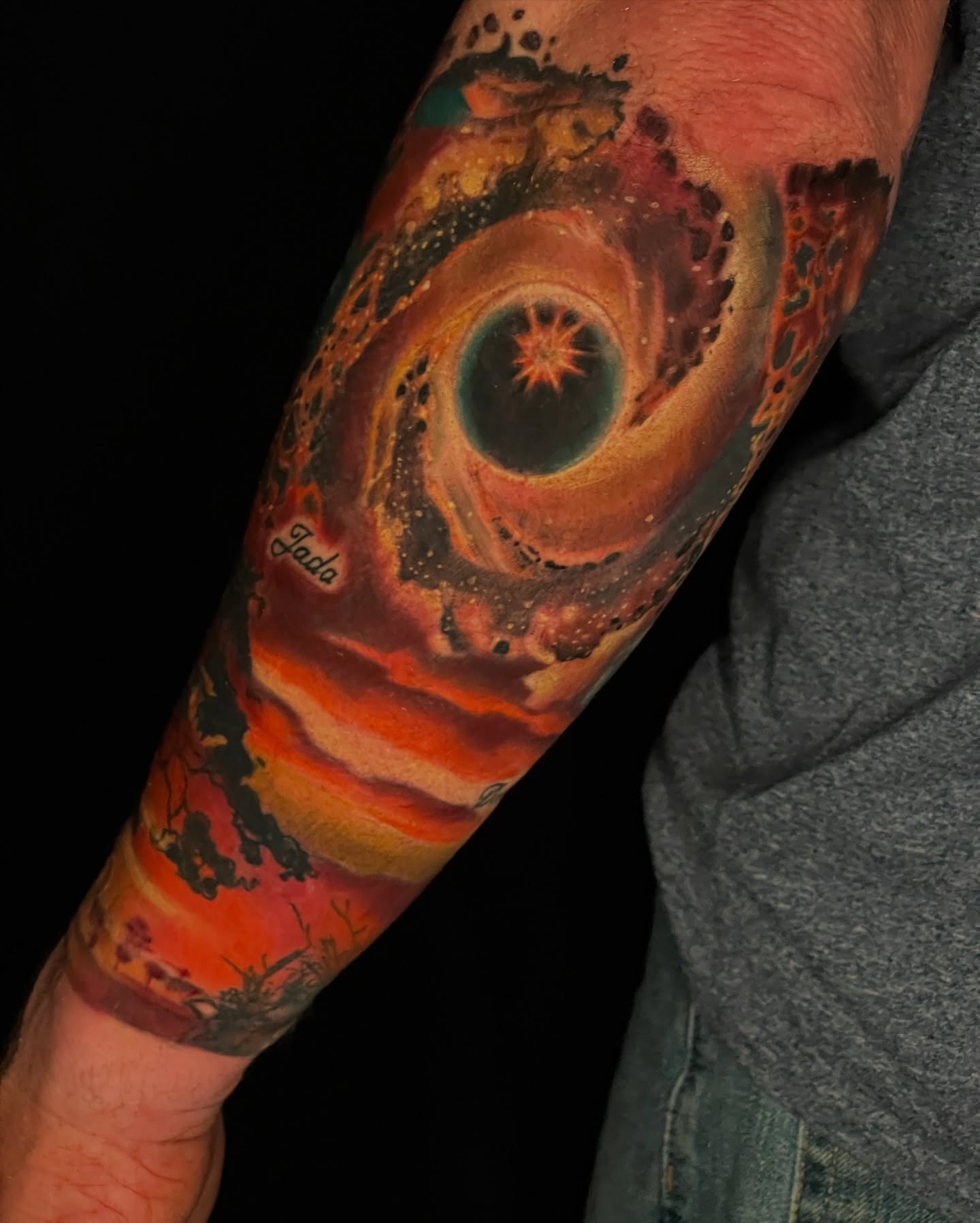 Cosmic vortex dotwork tattoo on the forearm by Dale Callahan, Olympia, Washington