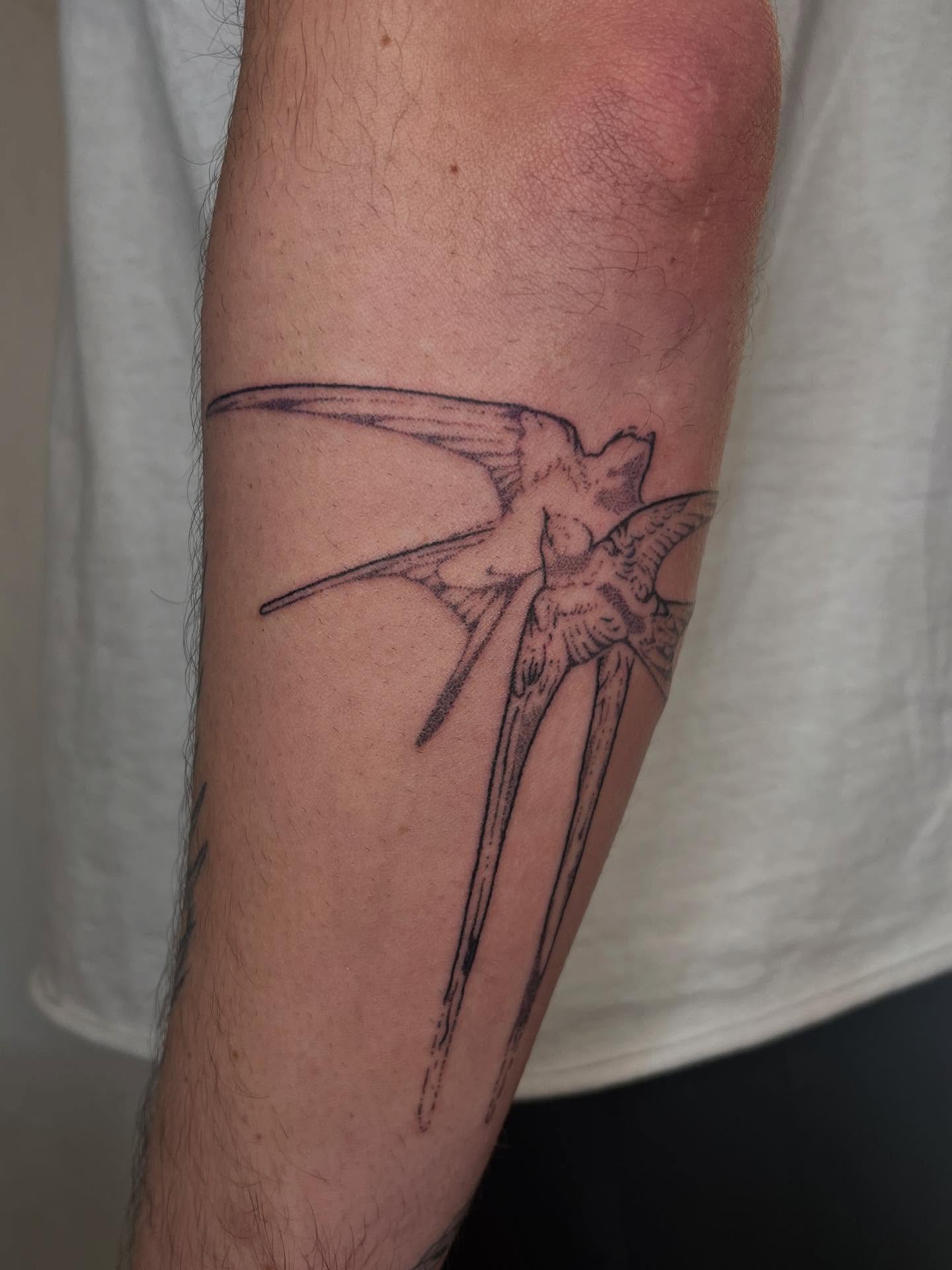 Swallow black and grey tattoo on the forearm by faith