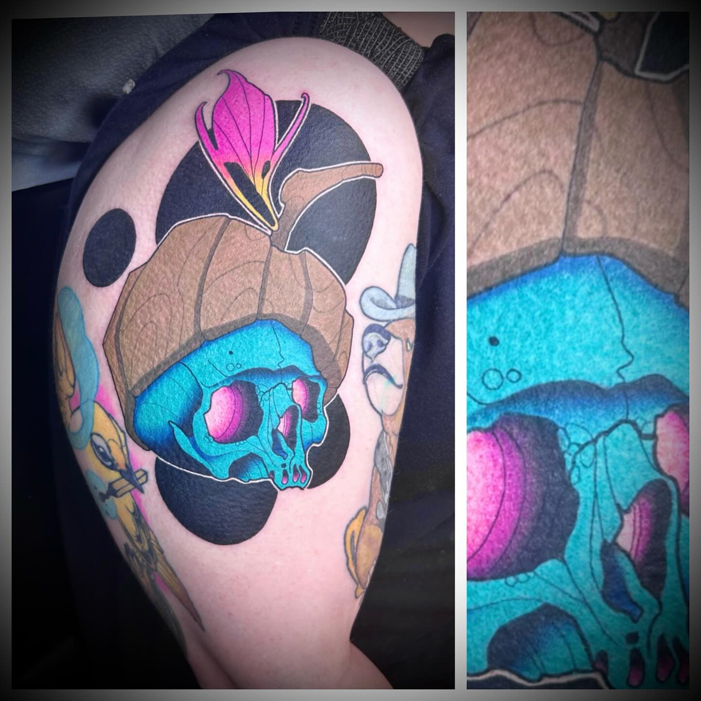 Skull with flower new school tattoo on the shoulder by Steve Hooker