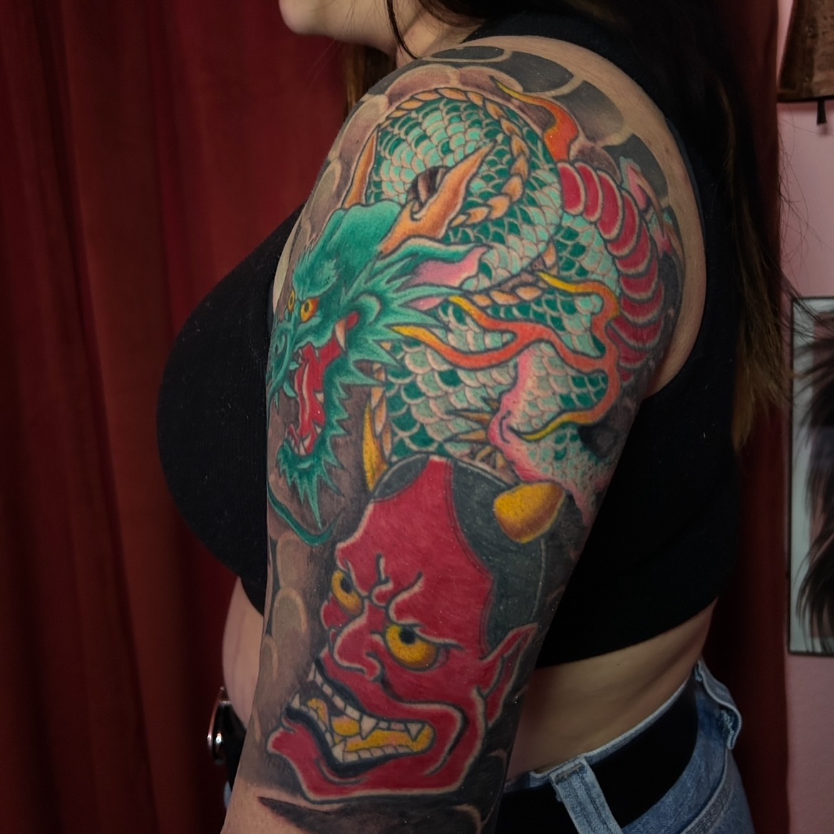 Dragon and demon mask japanese irezumi tattoo on the shoulder by Kat McCoy Guidera, Nashville, Tennessee