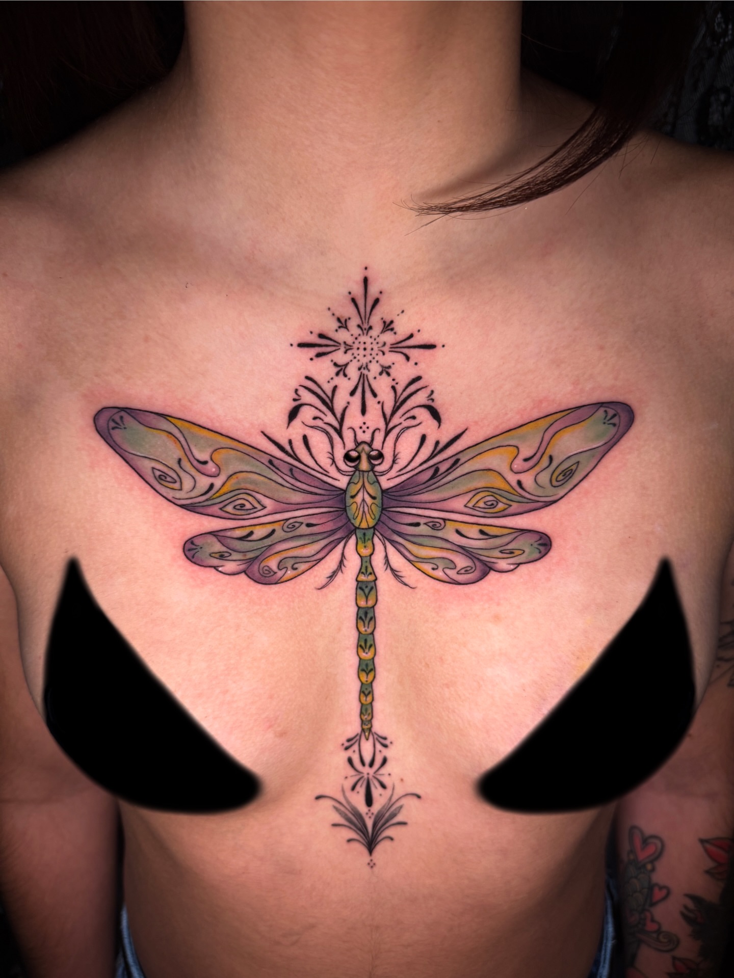 Dragonfly new school tattoo on the chest by ✨Syreena✨