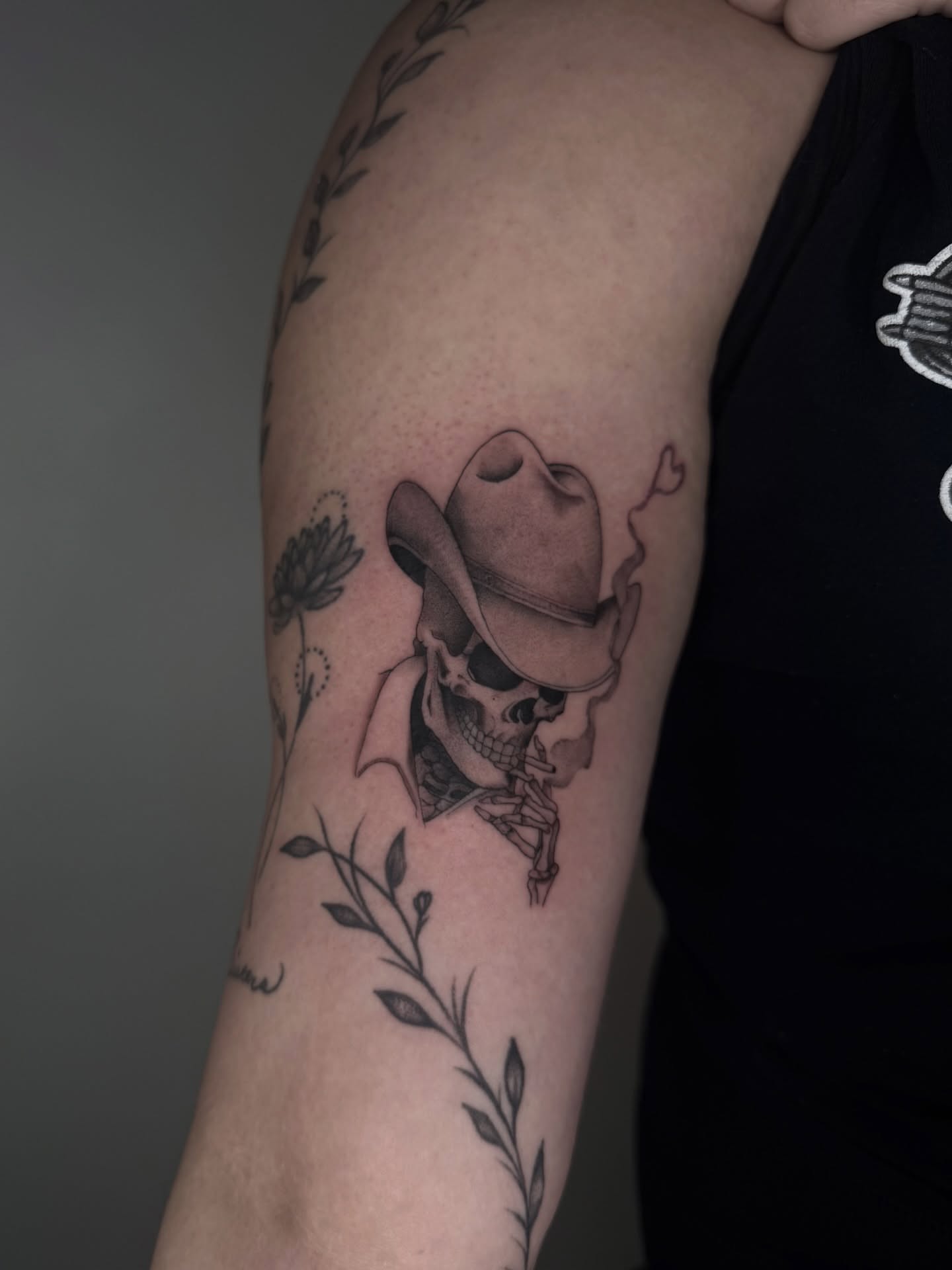 Cowboy skull realism tattoo on the forearm by Brandon Shelby