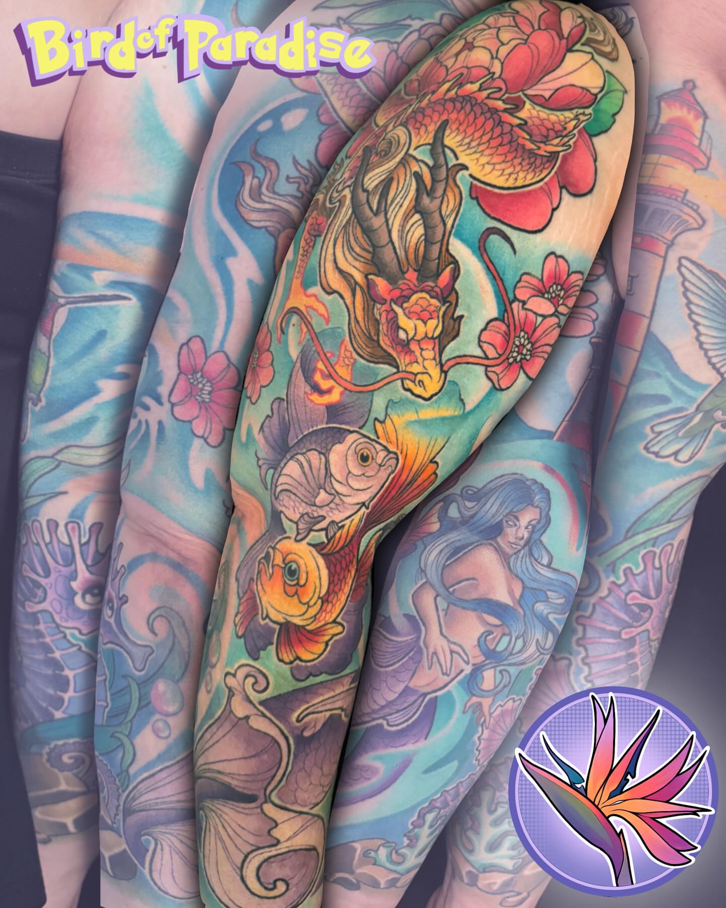 Mermaid and koi fish japanese irezumi tattoo on the thigh by Jade Lewis