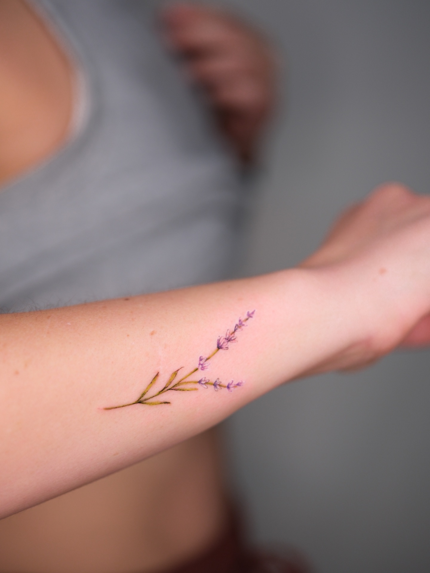 Lavender branch fine line tattoo on the forearm by Tattoo artist in Boston