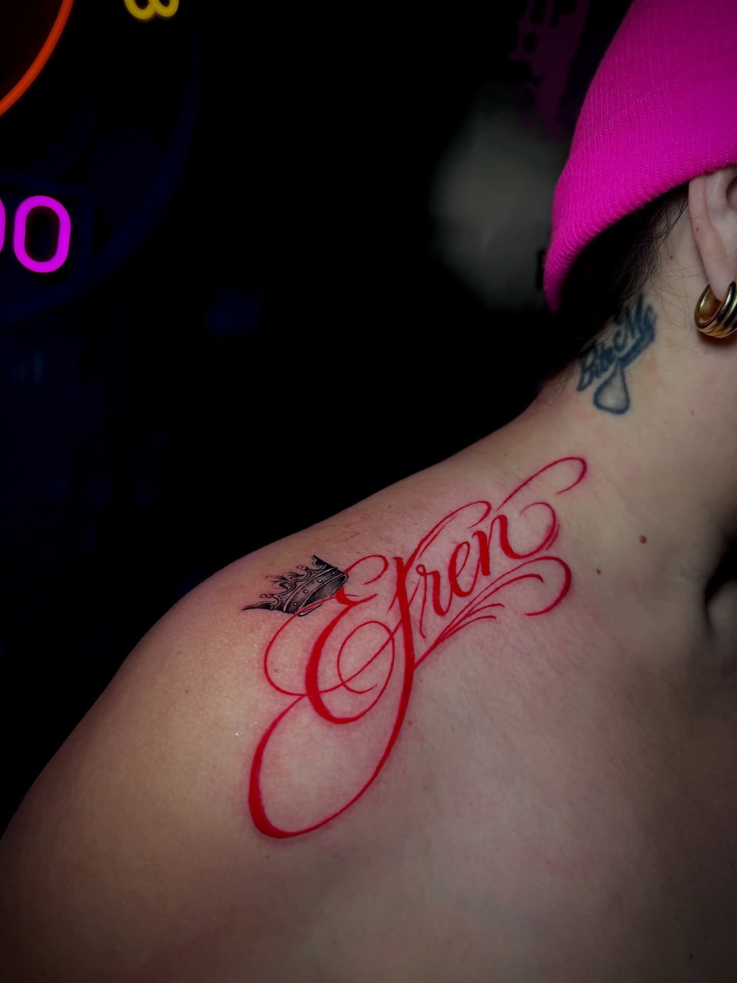 Script lettering lettering script tattoo on the shoulder by Keyla Valdes, Miami, Florida