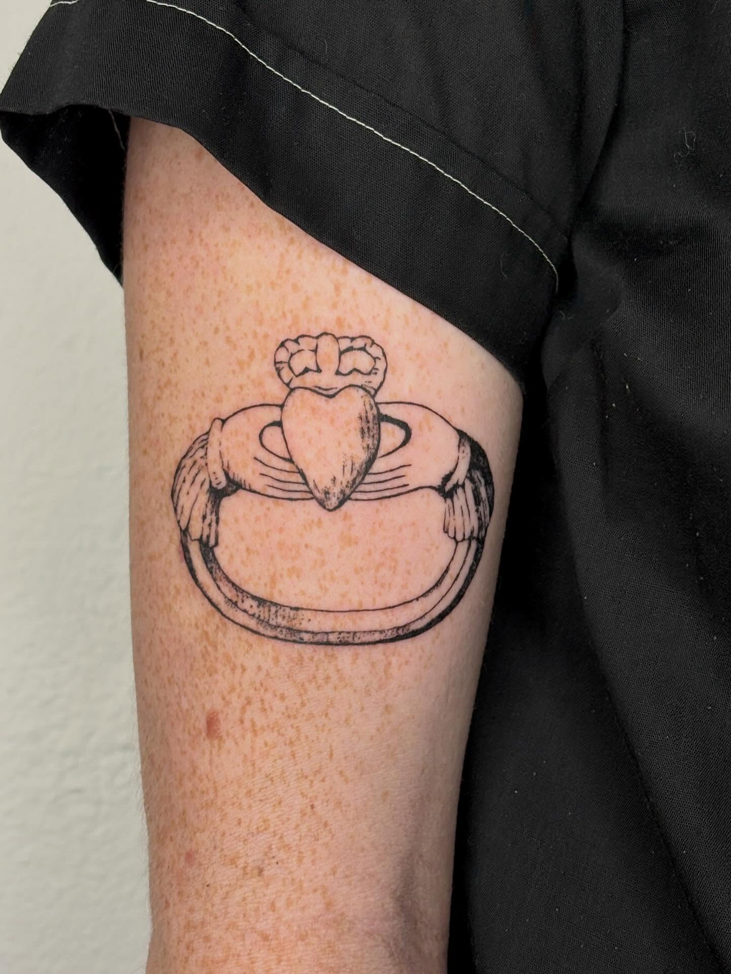 Claddagh ring black and grey tattoo on the forearm by alyssa doing tattoos