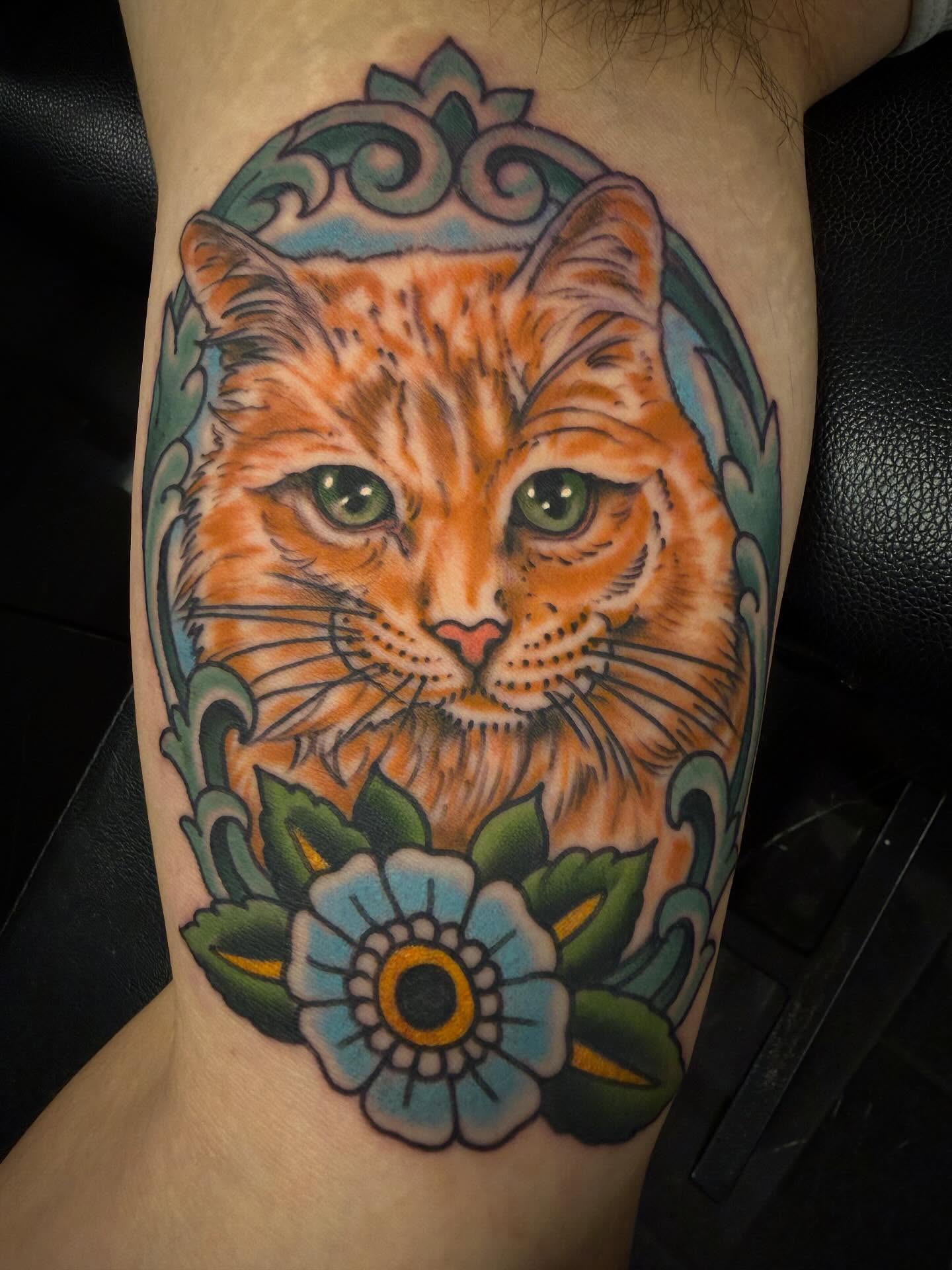 Cat American traditional tattoo on the forearm by Adam Warmerdam, Los Angeles, California