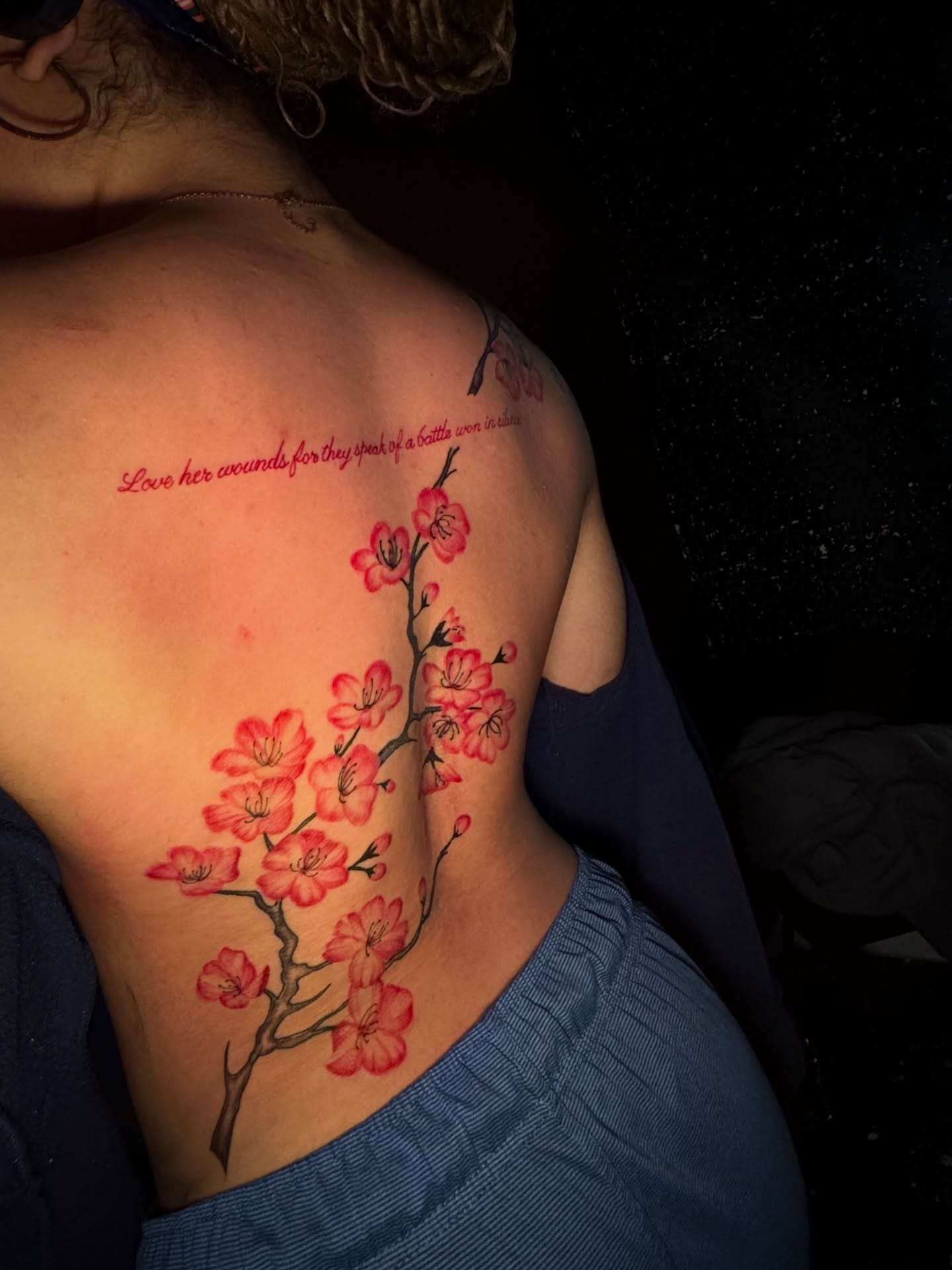 Cherry blossoms dotwork tattoo on the back by Austin Tattoo Artist💉