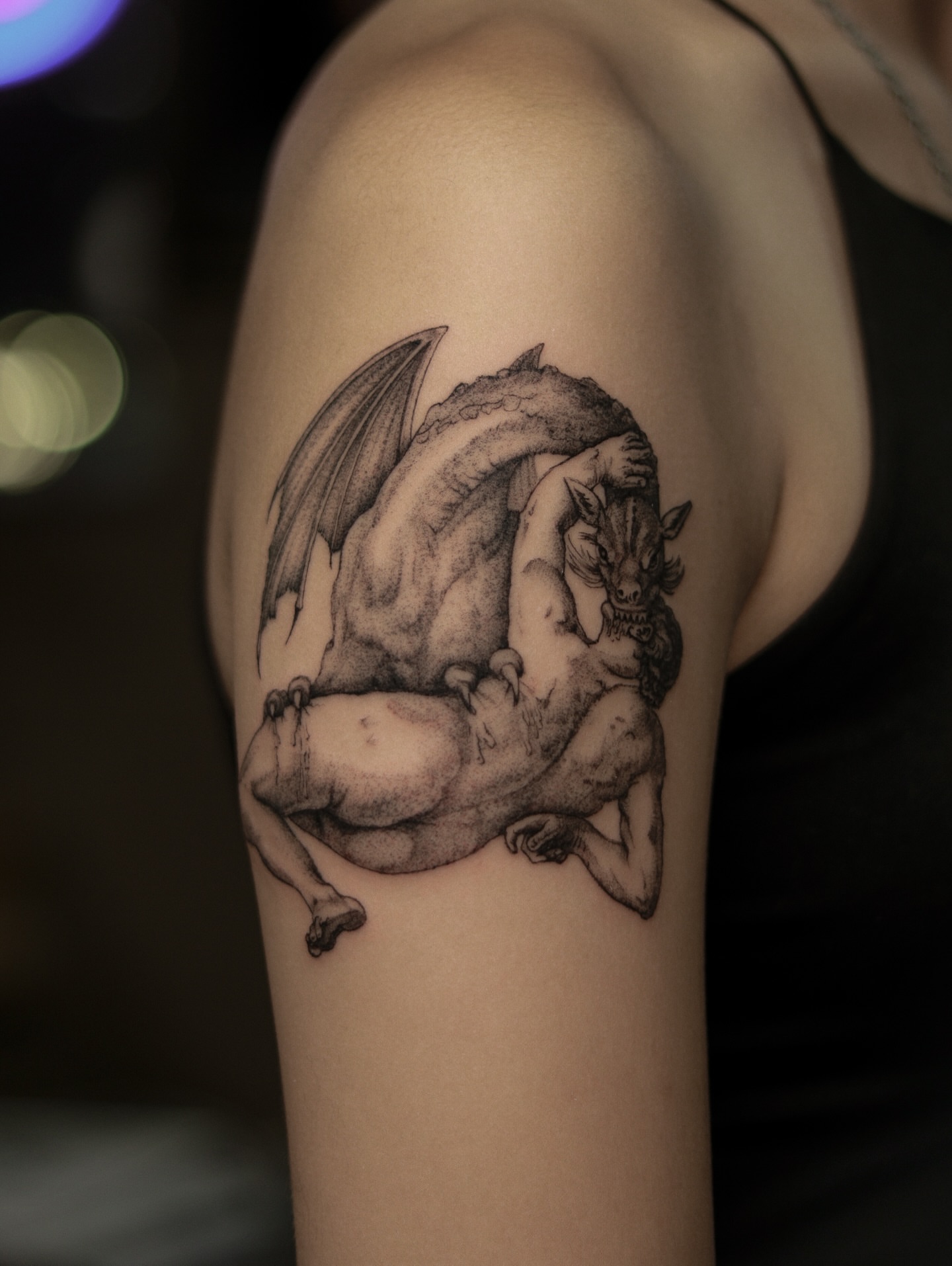 Dragon and woman realism tattoo on the forearm by Arthur Kossoski