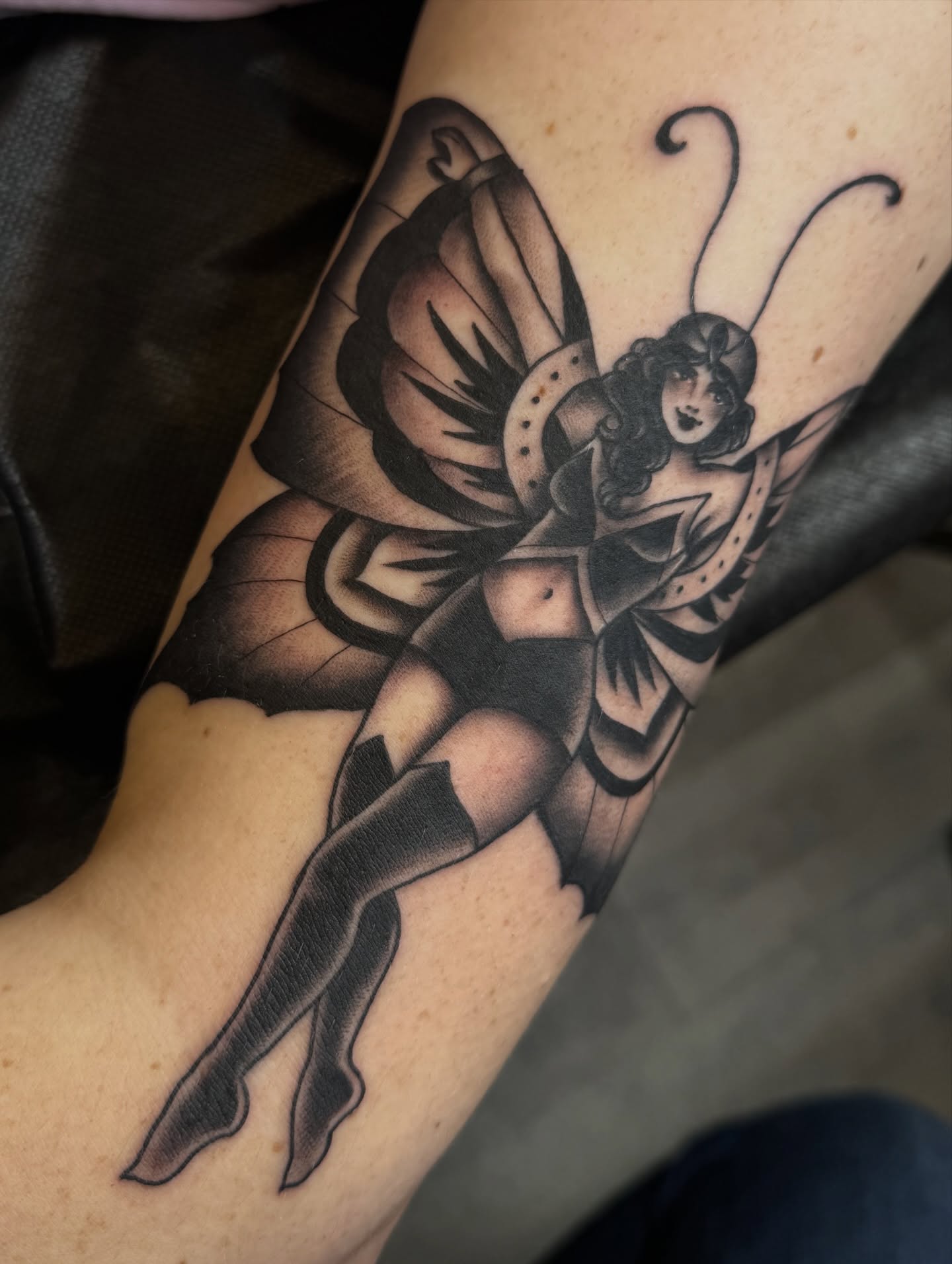 Fairy American traditional tattoo on the forearm by Anna Wall