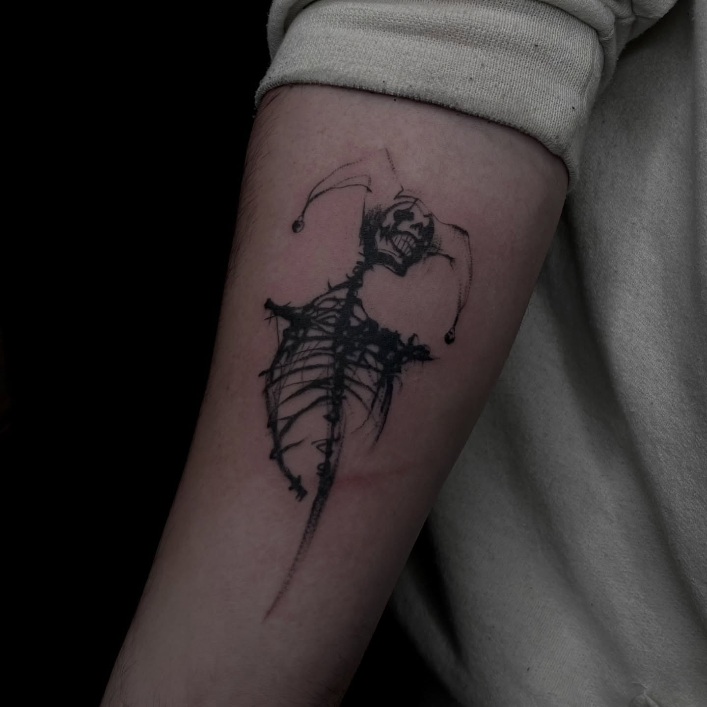 Joker skeleton black and grey tattoo on the forearm by ✩gracie ⋆｡°✩