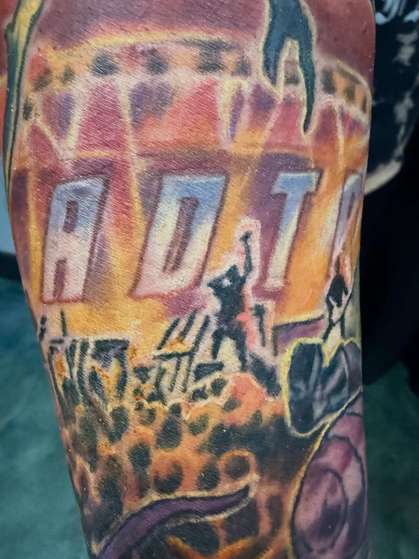 Radical American traditional tattoo on the forearm by Devon Beyer, Mission, Kansas