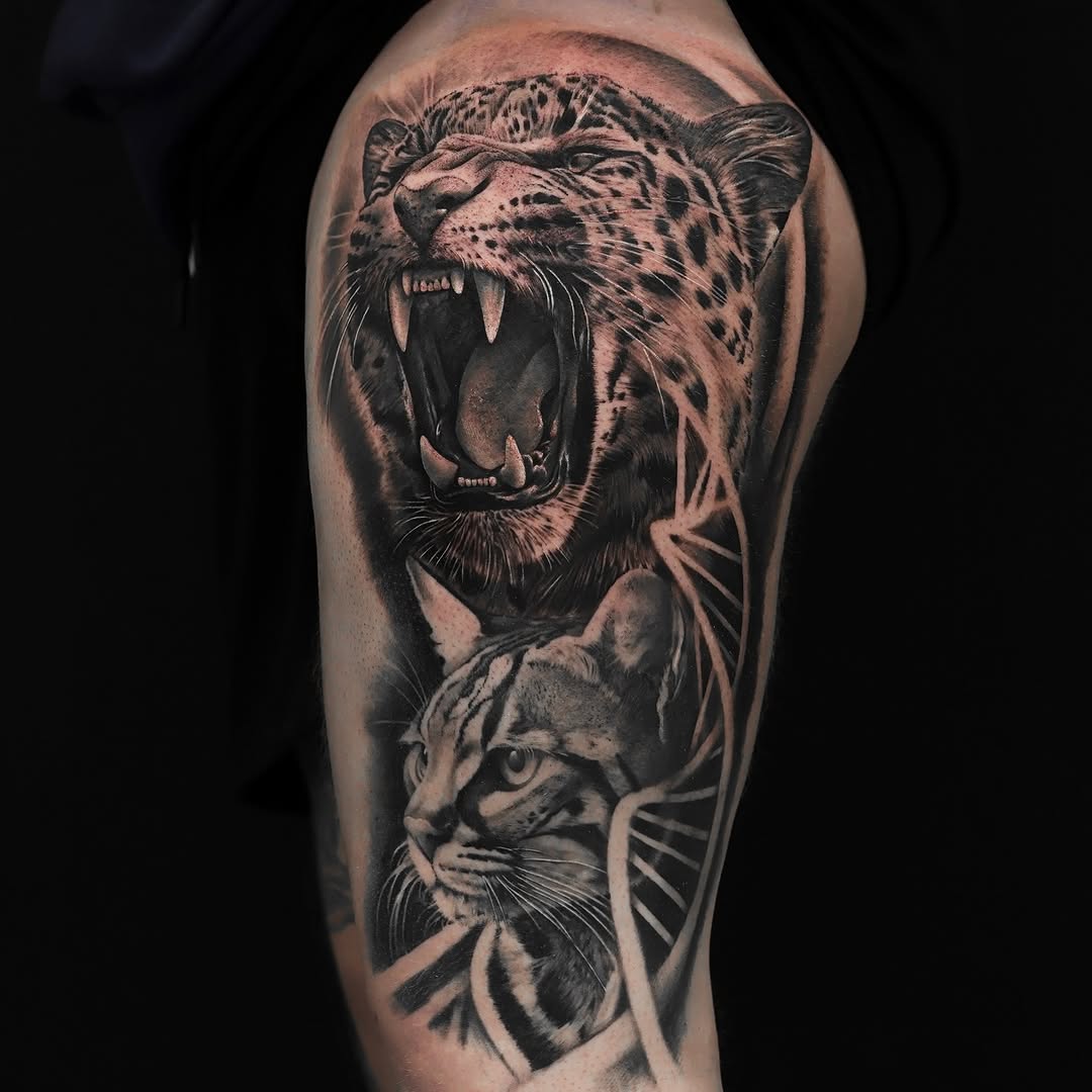 Leopard and cat portrait realism tattoo on the forearm by Felipe Andrade