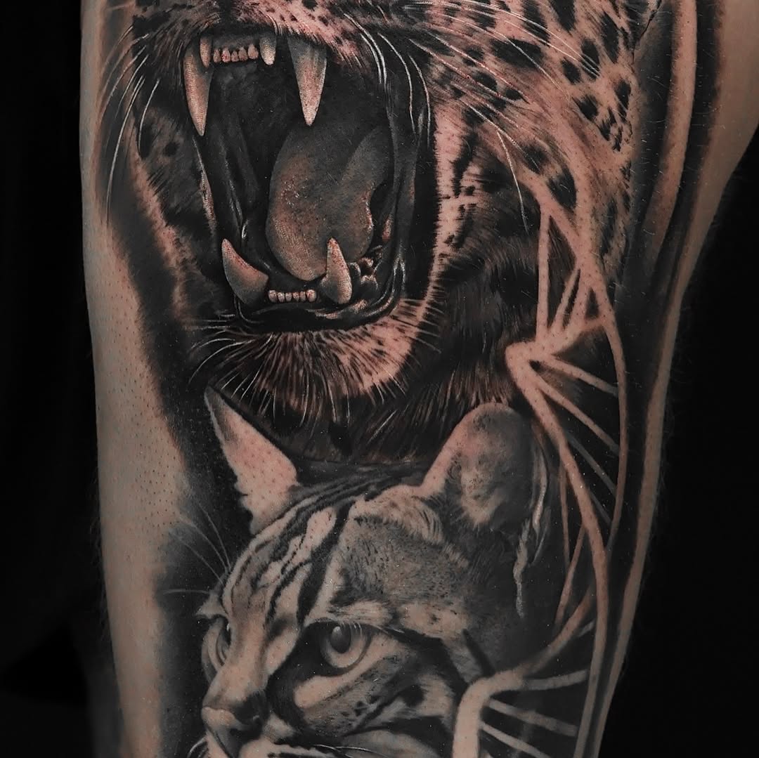Leopard and cat portrait realism tattoo on the forearm by Felipe Andrade