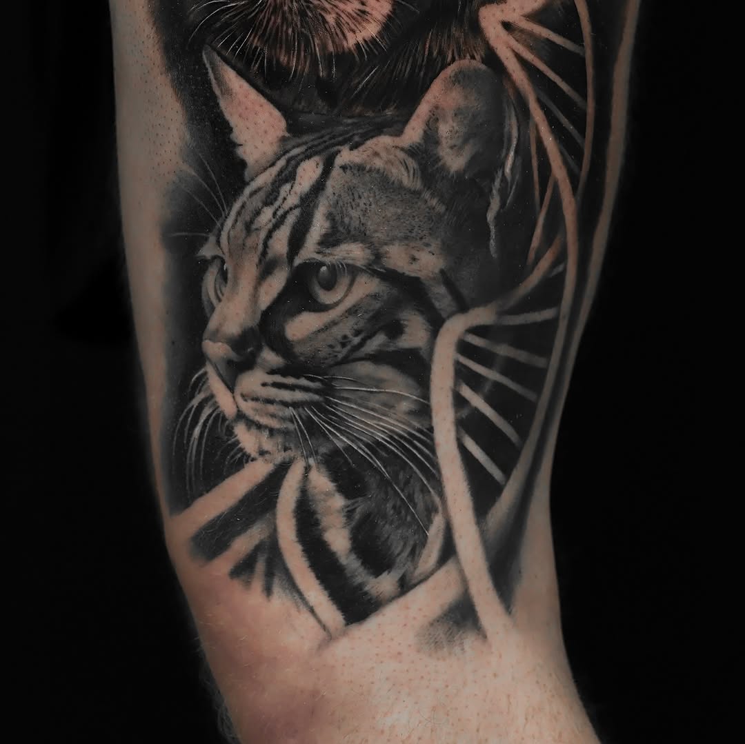 Cat portrait with DNA strand realism tattoo on the forearm by Felipe Andrade