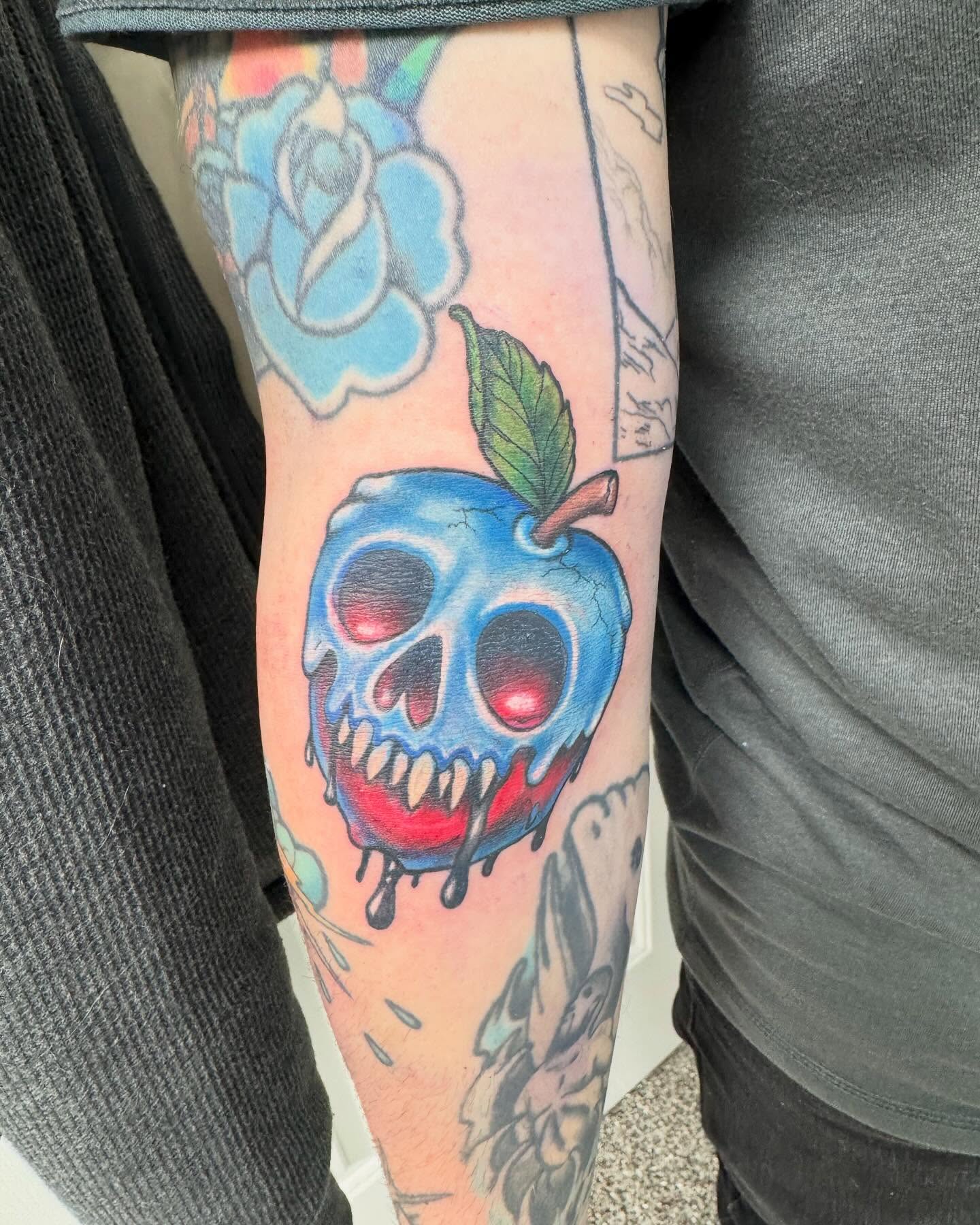 Skull apple new school tattoo on the forearm by Brazun Locker Poloschan