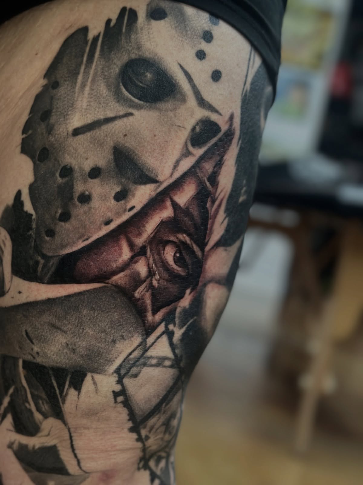 Jason voorhees mask realism tattoo on the forearm by Trent Hebert