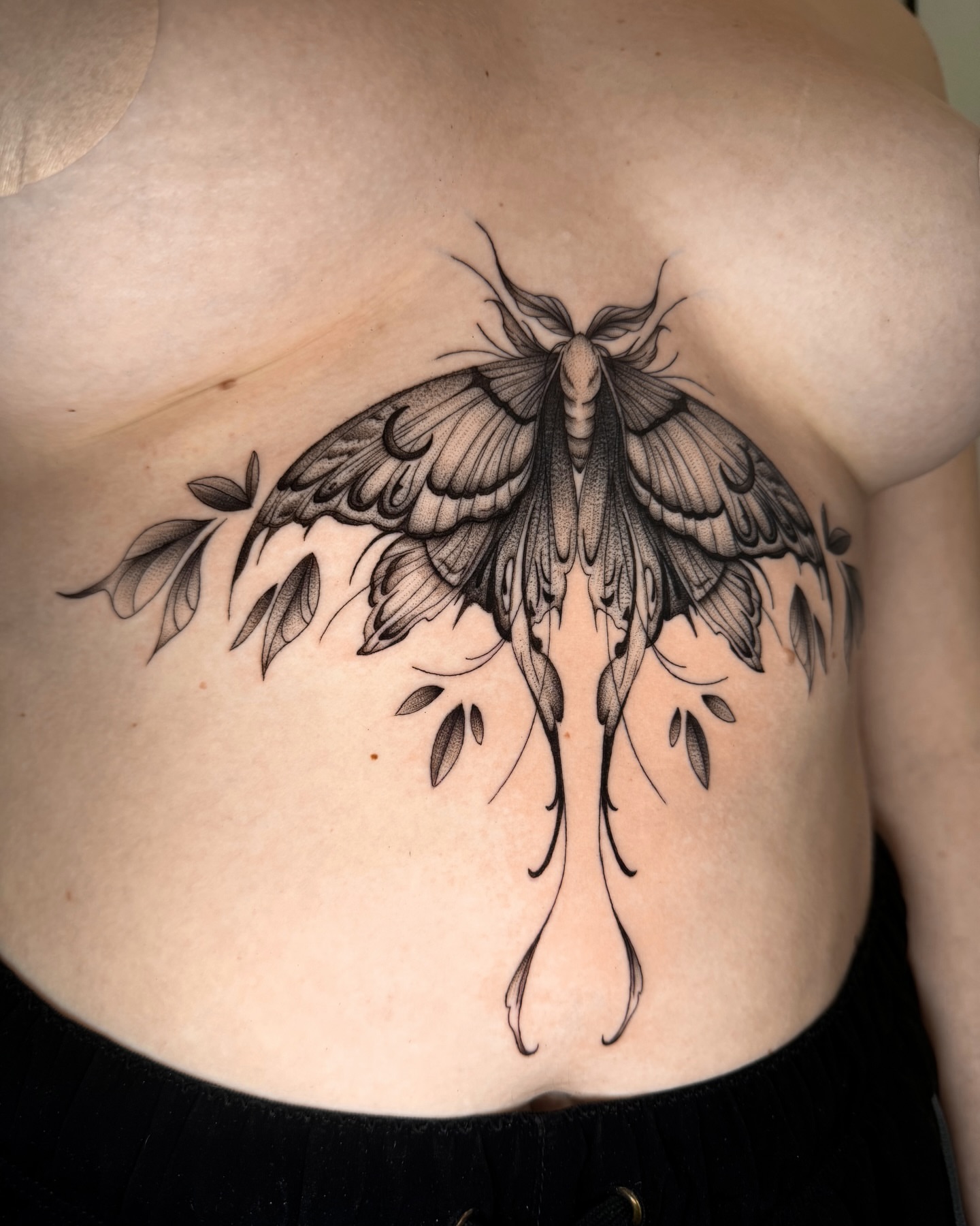 Moth black and grey tattoo on the back by Ingrid Rojas