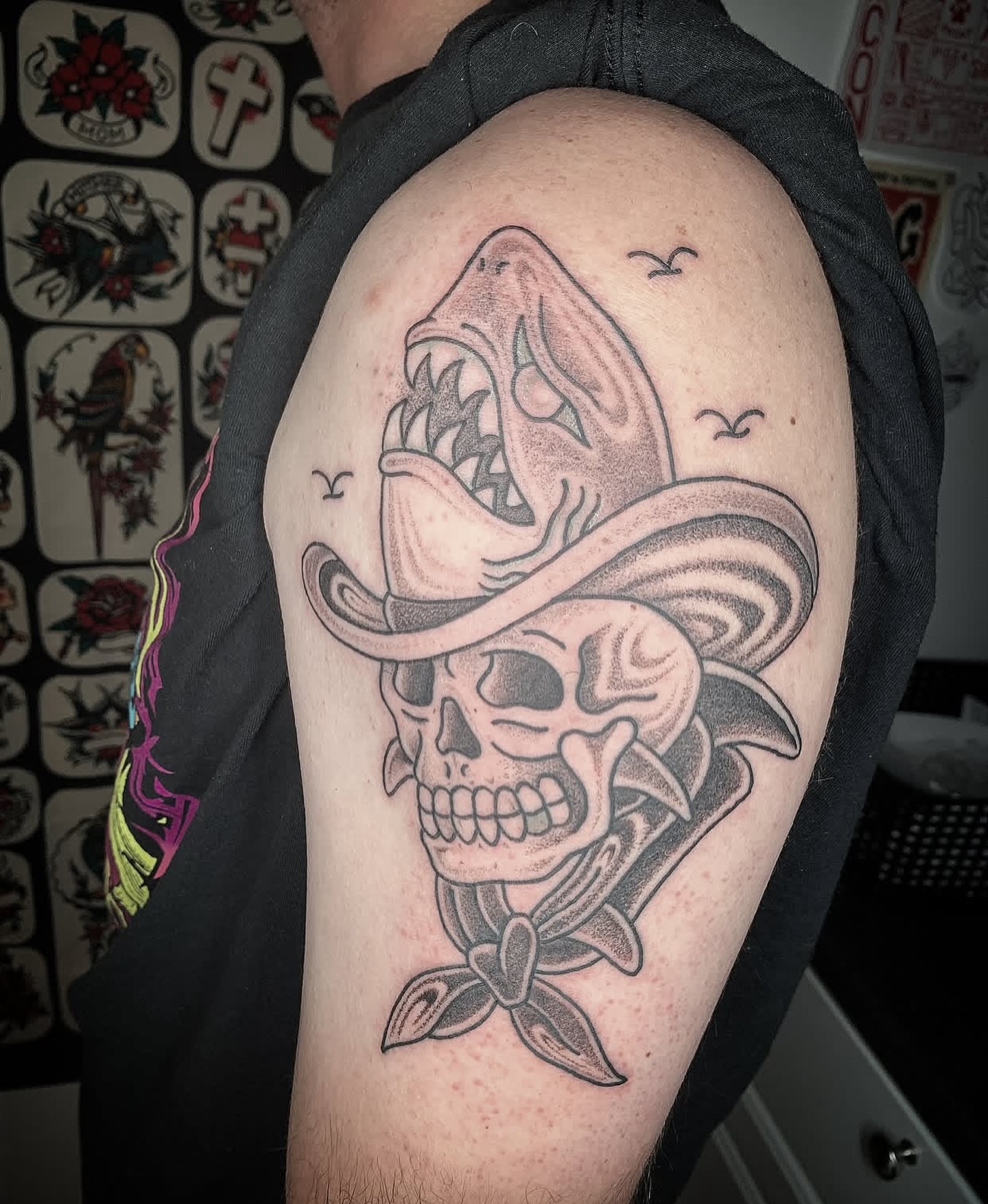 Cowboy skull American traditional tattoo on the shoulder by Destroy Troy