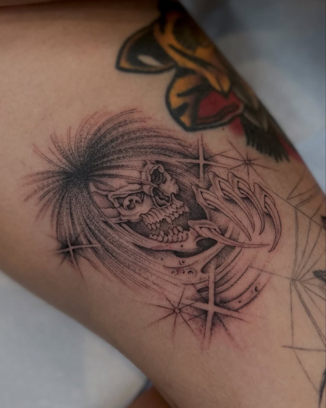 Skull and wings geometric tattoo on the forearm by Адріянна Стабс 🇺🇦, New York, New York