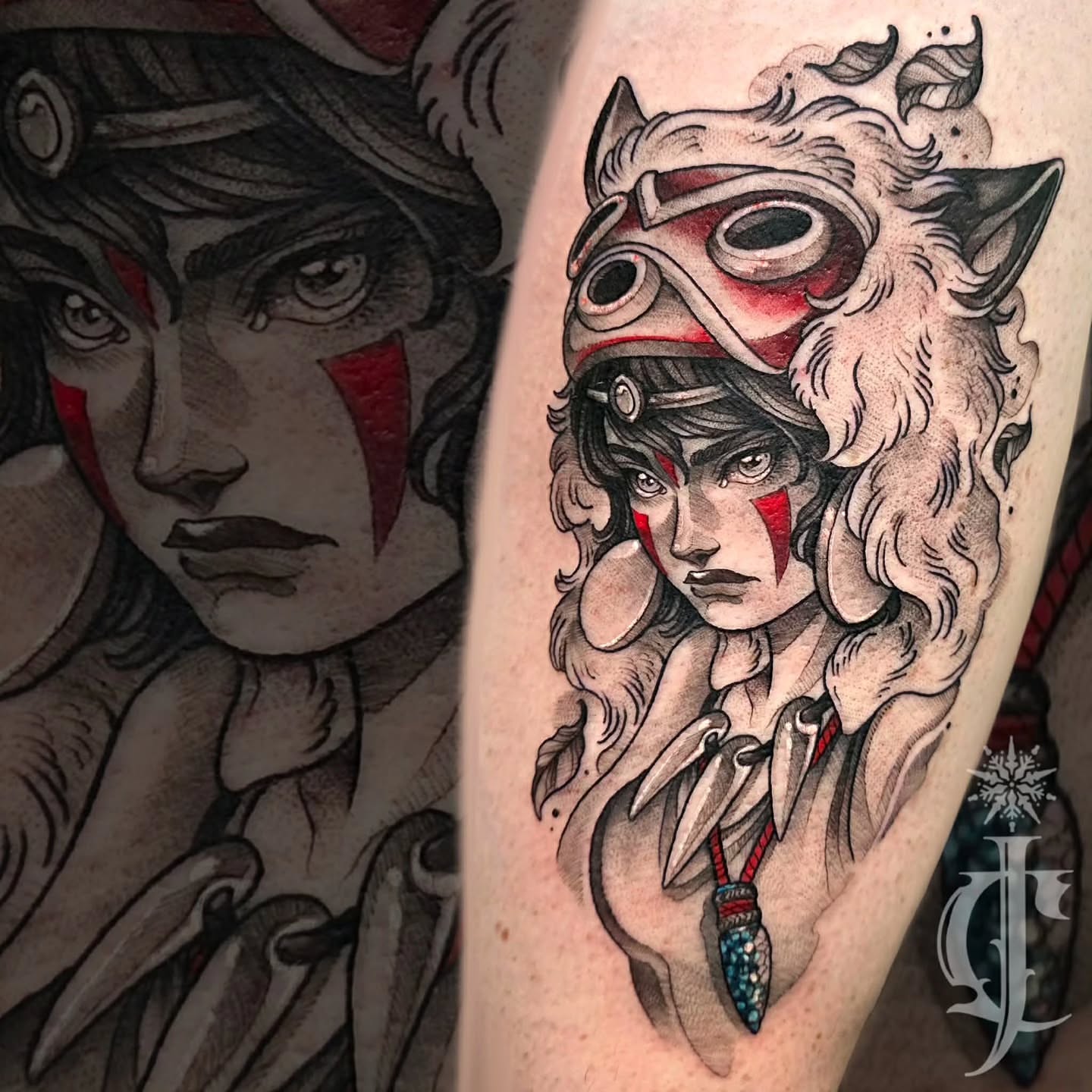 Woman with wolf mask realism tattoo on the forearm by Jessica Canvas