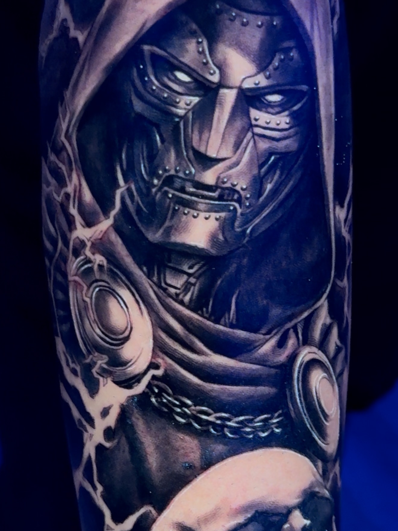 Hooded warrior dark realism tattoo on the forearm by Raw Hound, Hialeah, Florida