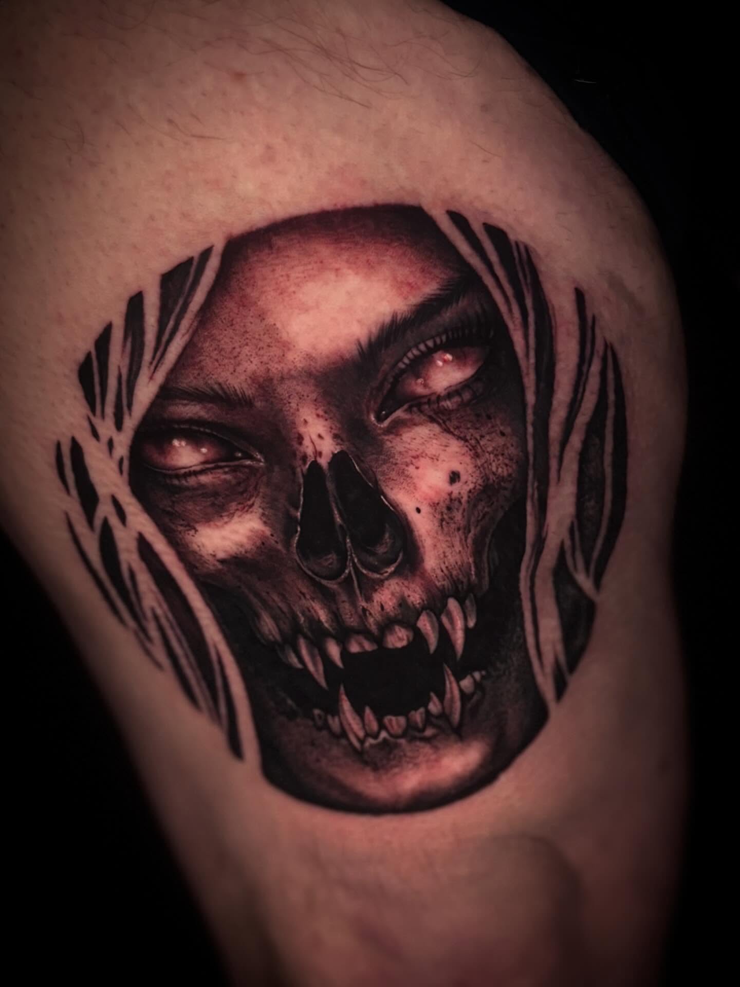 Zombie skull dark realism tattoo on the shoulder by JoannaTattoos