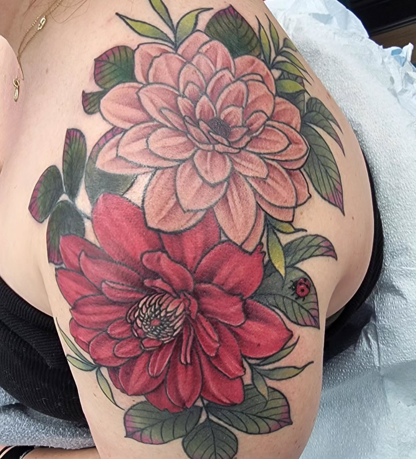 Flowers realism tattoo on the shoulder by Chantel Chan, Portland, Oregon