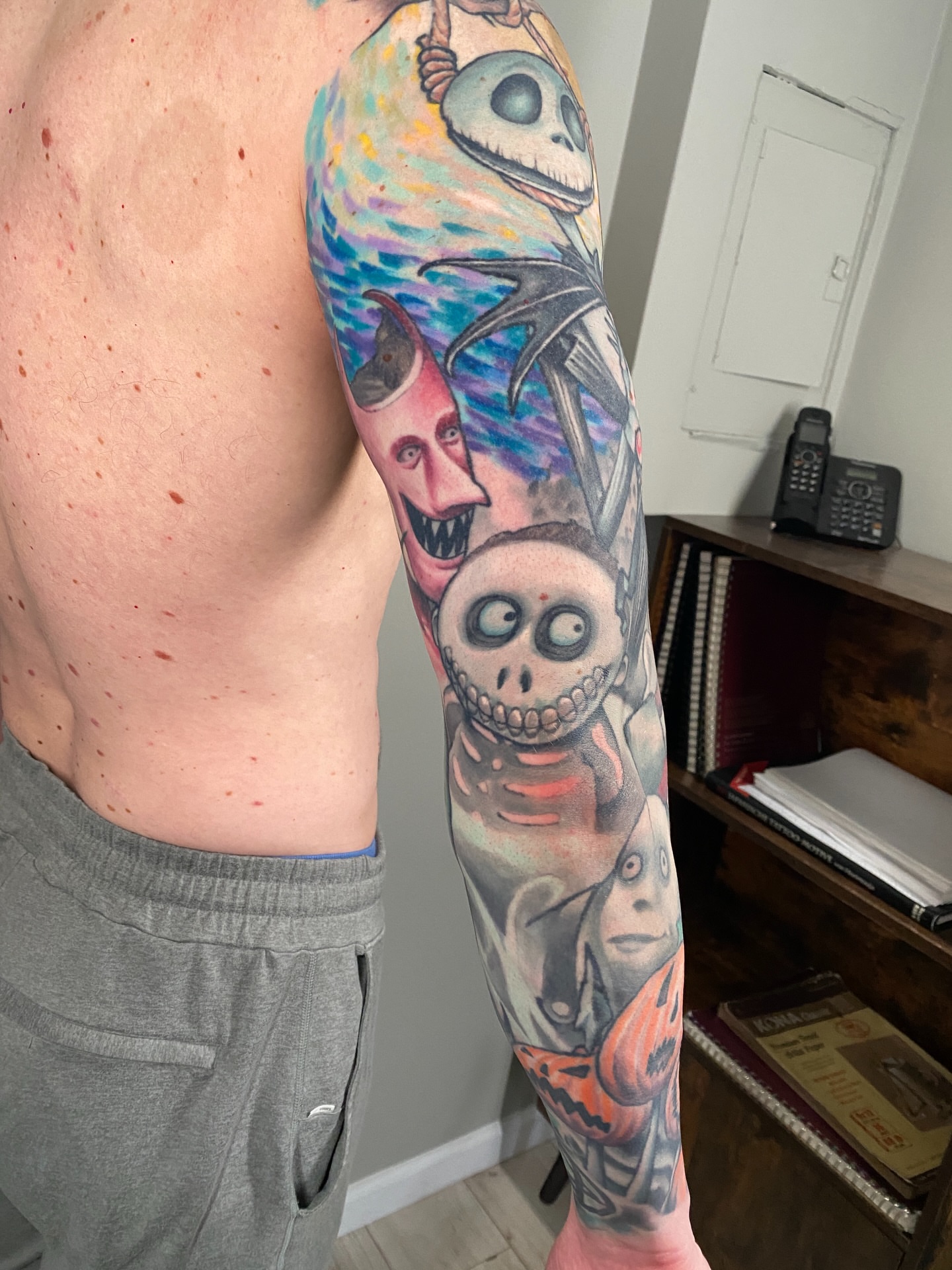 The nightmare before christmas characters dotwork tattoo on the forearm by Eric James, Phoenix, Arizona