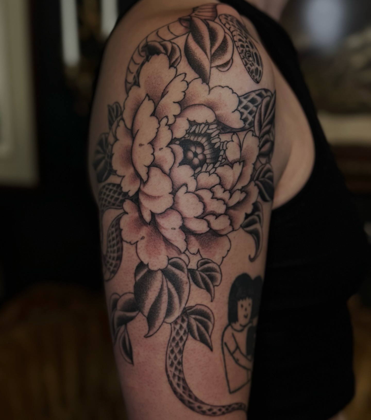 Peony and snake black and grey tattoo on the forearm by Virginia 🥀Neo Traditional