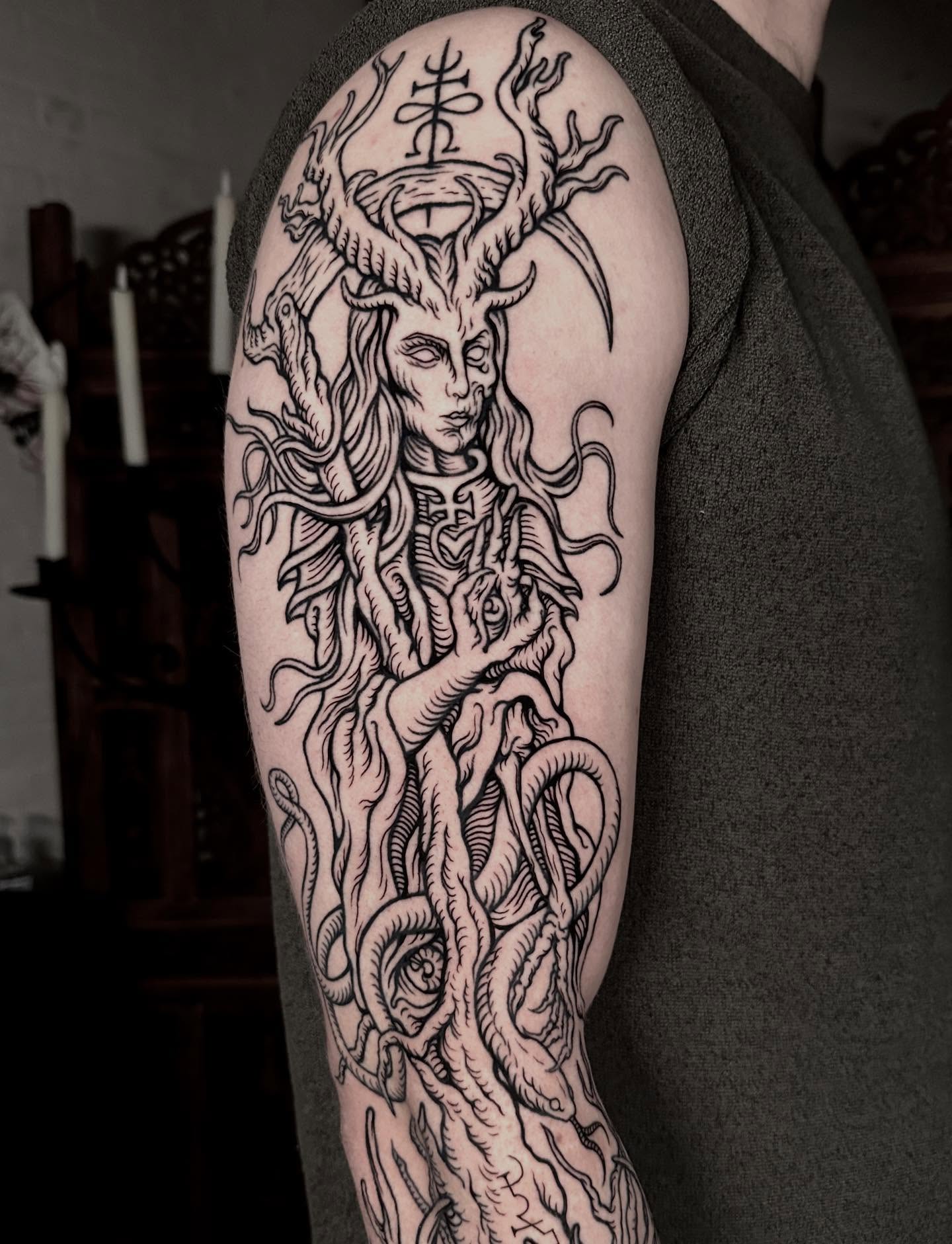 Mythical creature dark realism tattoo on the forearm by 𝕾𝖆𝖘𝖍𝖆 𝖂𝖔𝖑𝖆𝖓𝖉