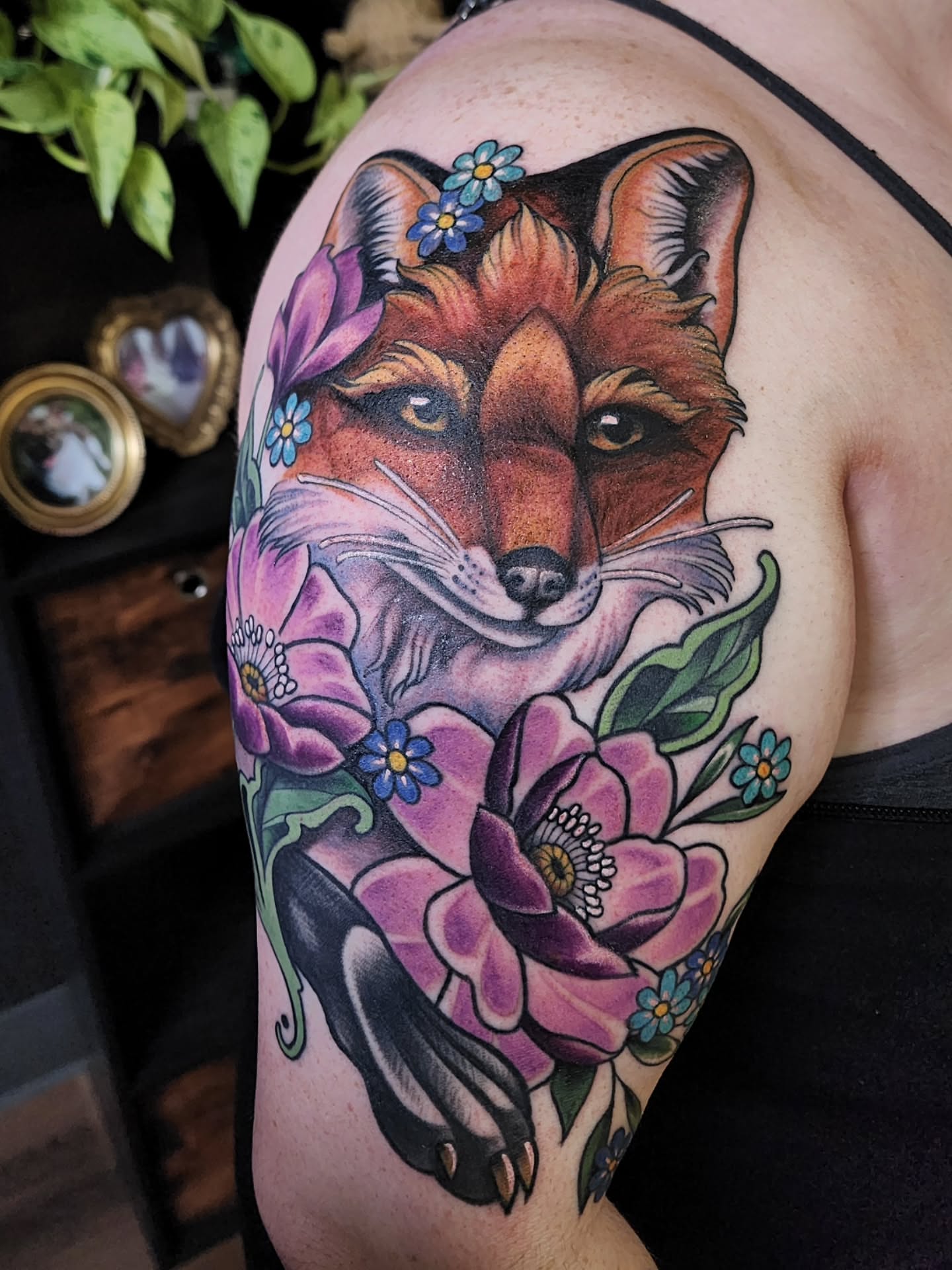 Fox and flowers realism tattoo on the shoulder by Shawna Goettsche