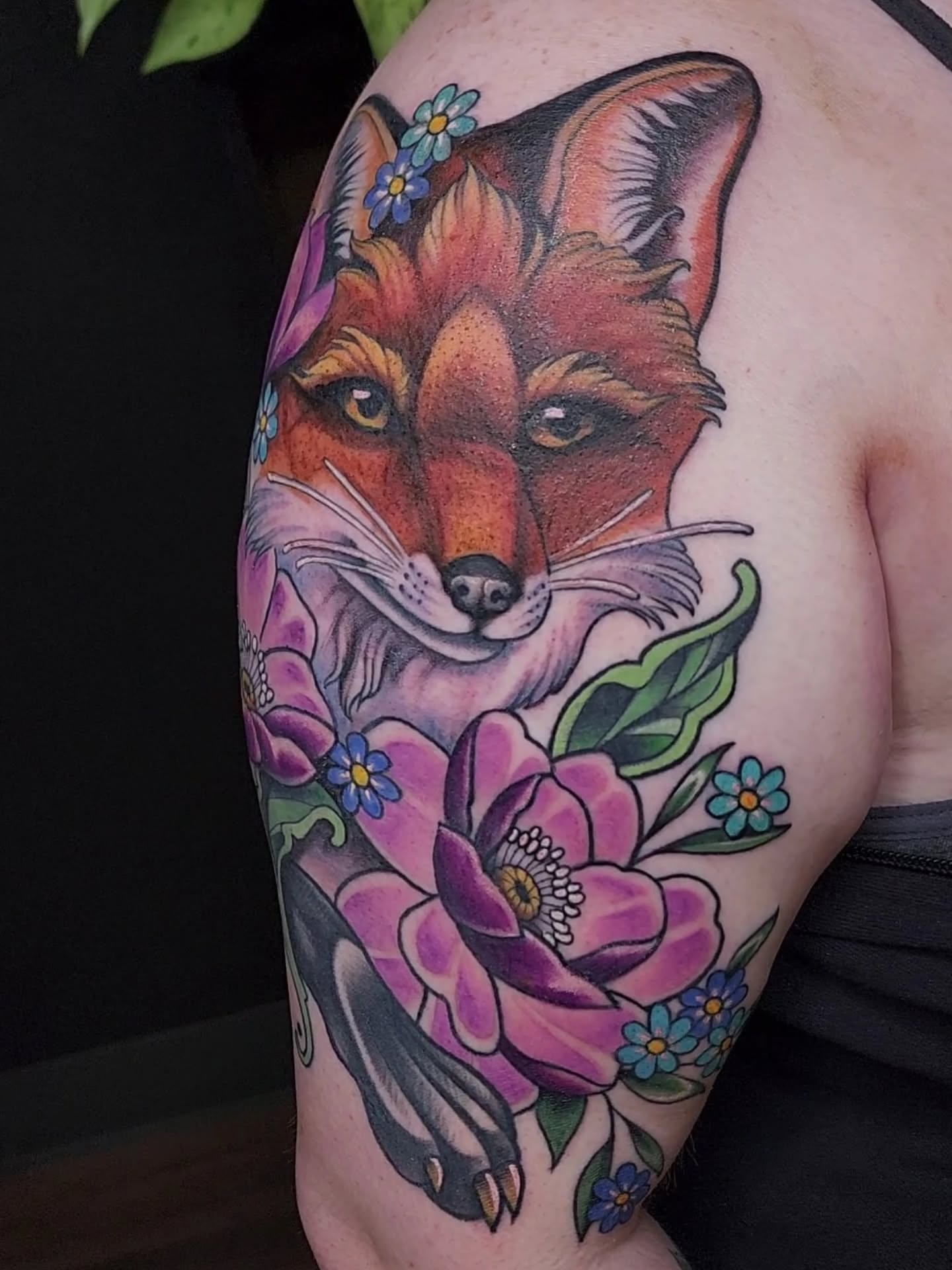 Fox and flowers American traditional tattoo on the shoulder by Shawna Goettsche