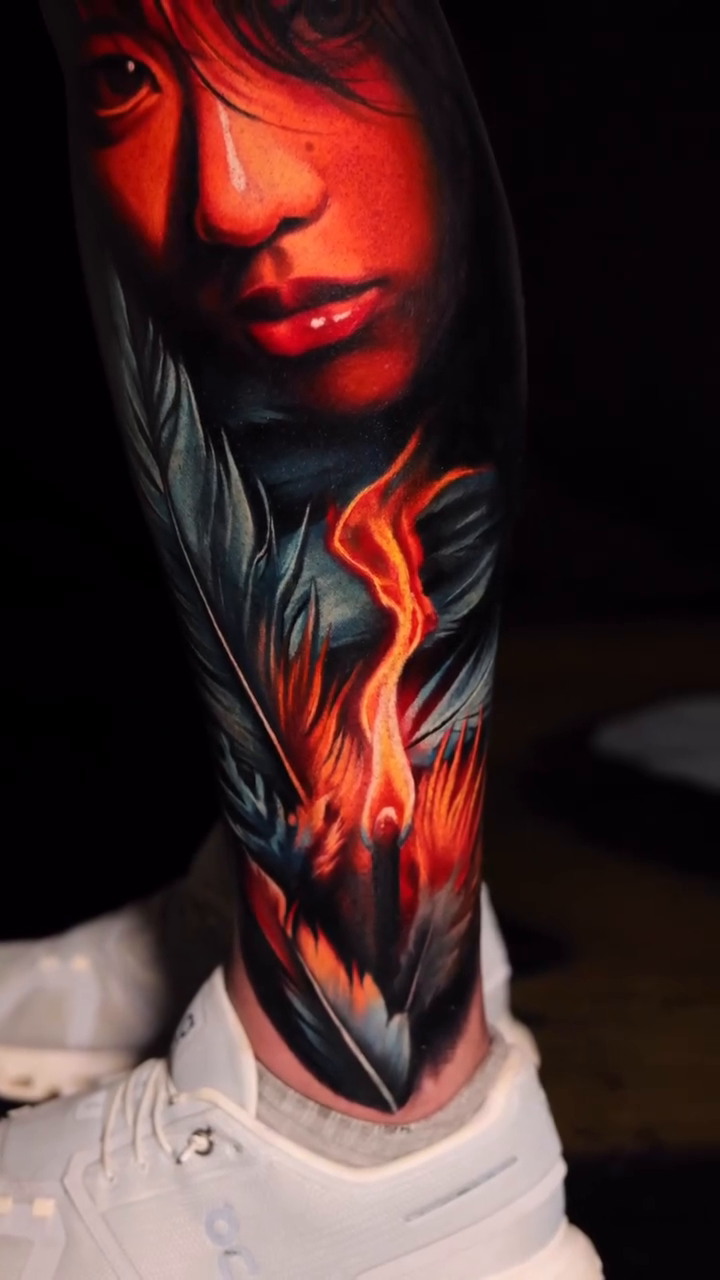 Woman and mask with fire japanese irezumi tattoo by Maryssa Anne