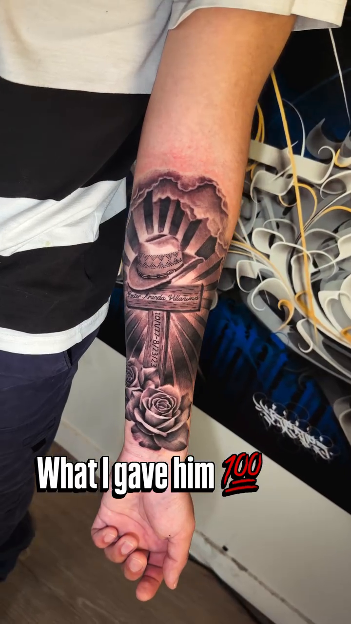 Cross with cowboy hat and rose realism tattoo by Danny Vazquez