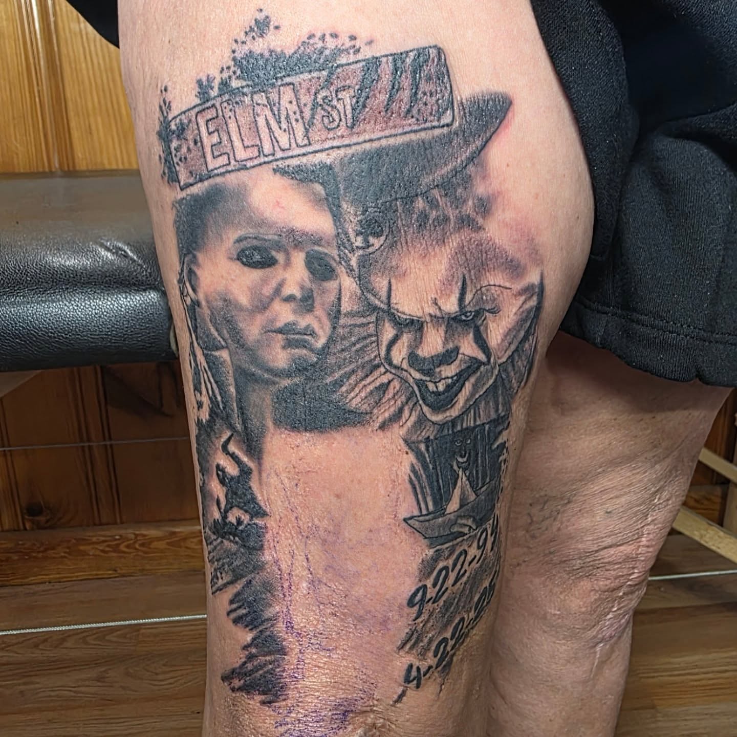 Horror movie characters realism tattoo on the thigh by Rusty Williams