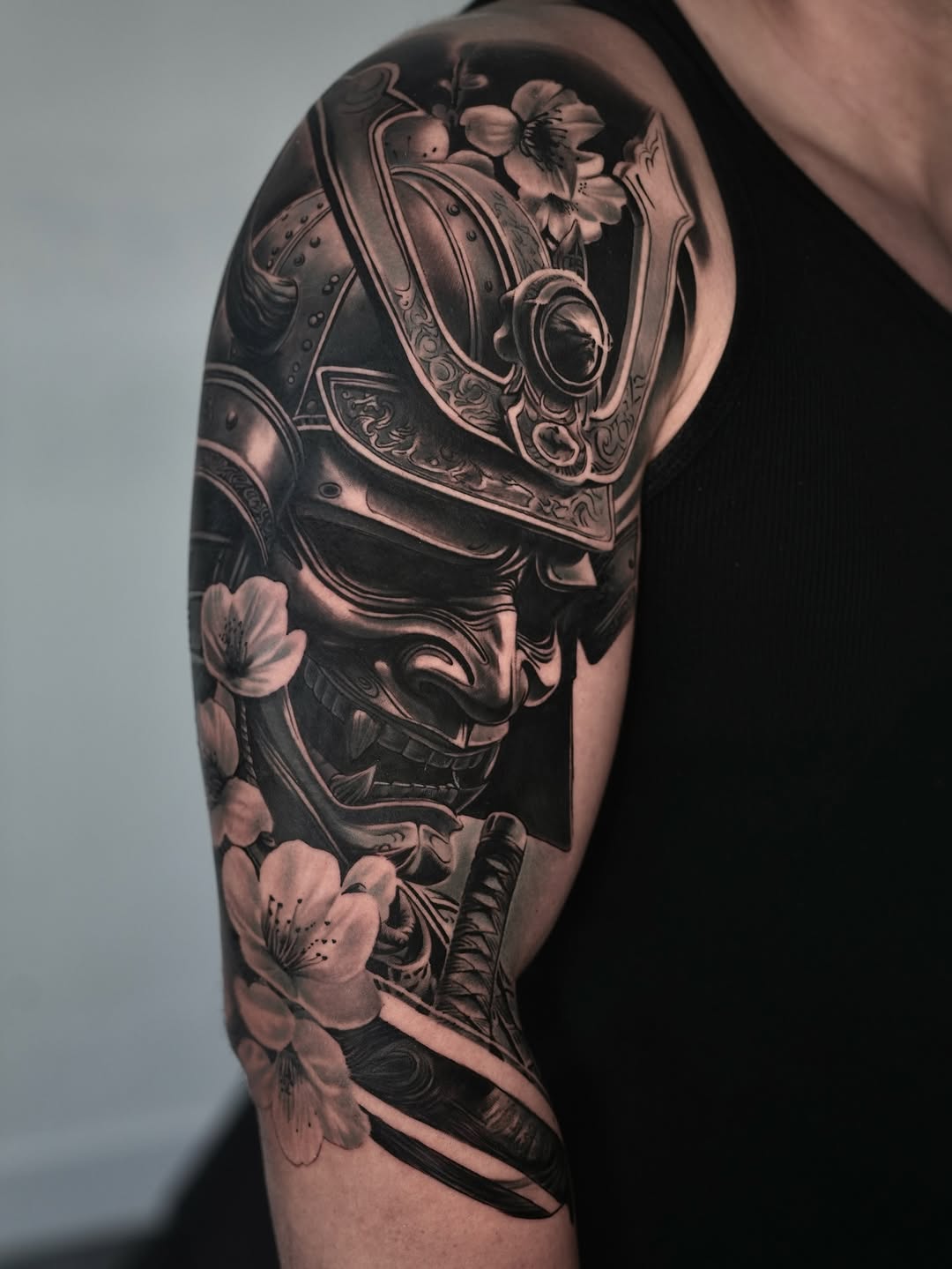 Samurai mask with flowers Japanese tattoo on the forearm by Luis Manuel Olivera, North Miami, Florida