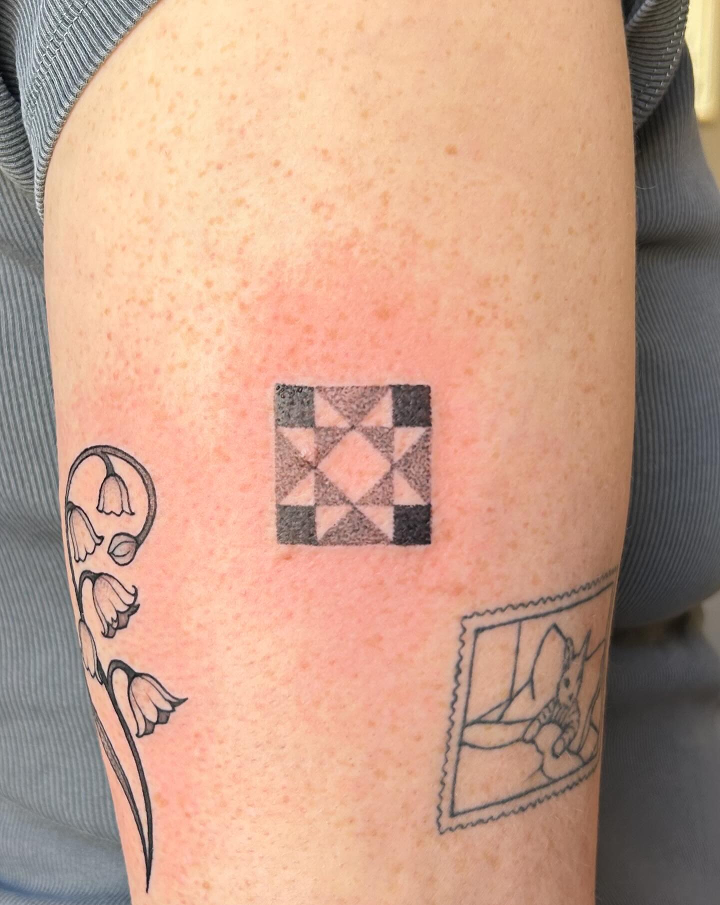 Quilt block dotwork tattoo on the forearm by kuna ink