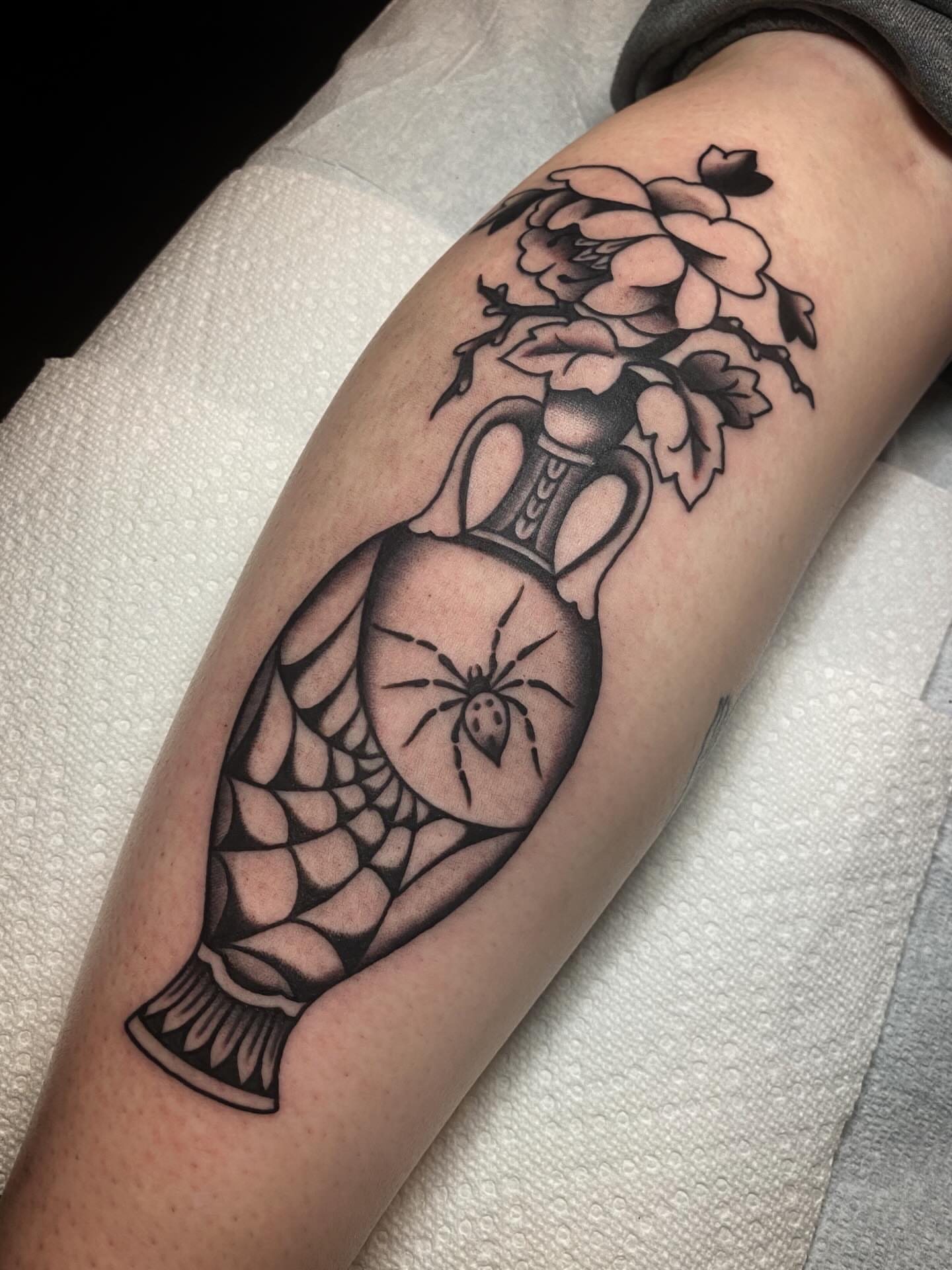 Vase with spider American traditional tattoo on the forearm by Jaclin Grace Hastings