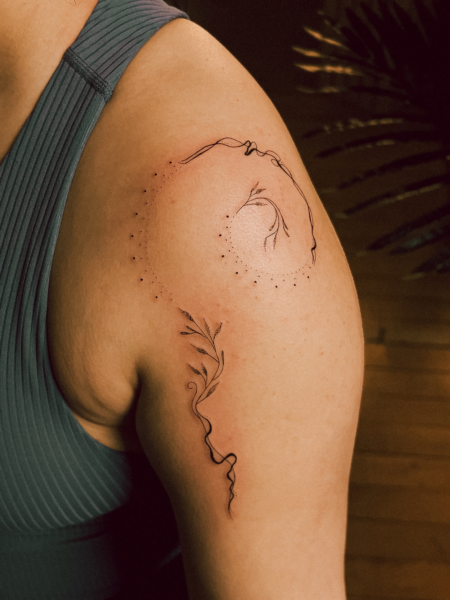 Abstract line art dotwork tattoo on the shoulder by chloe ☼, Tacoma, Washington