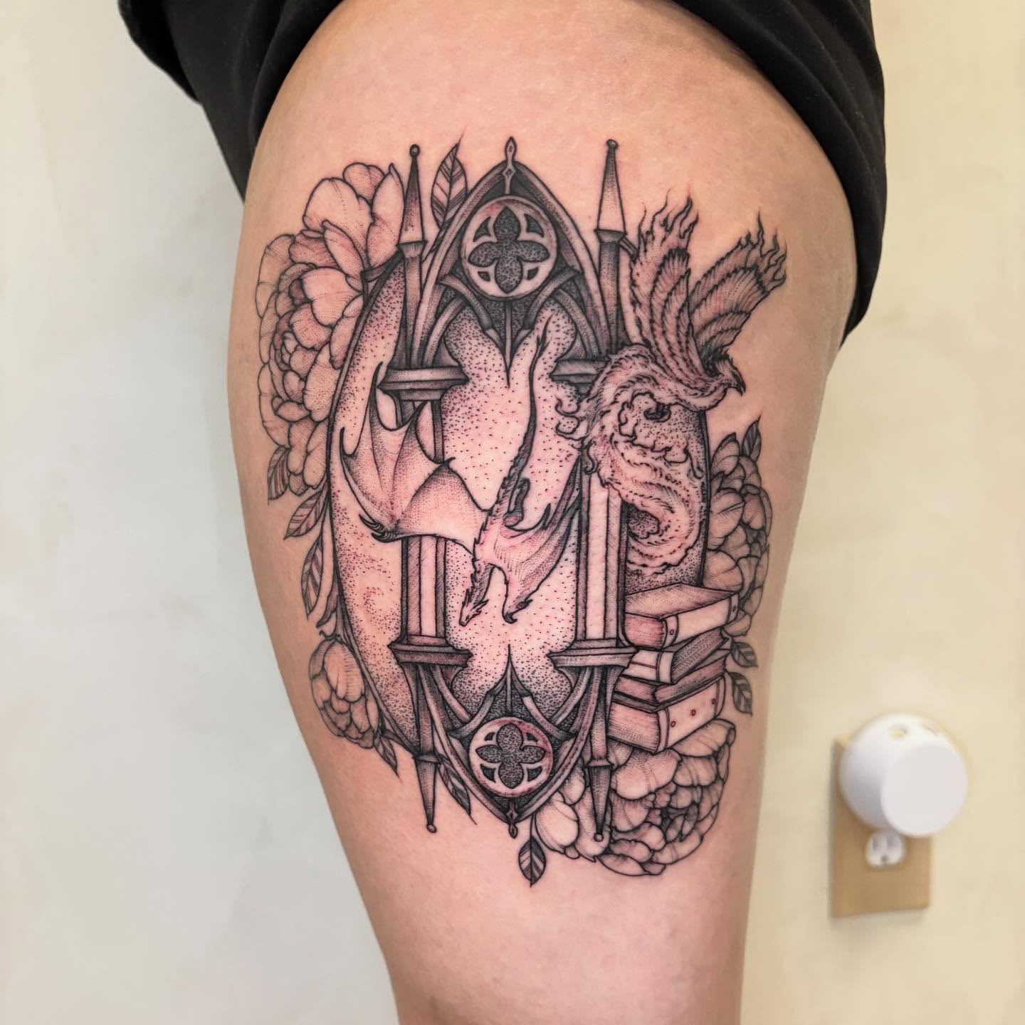 Gothic arches and dragon dotwork tattoo on the thigh by Dallas Davis