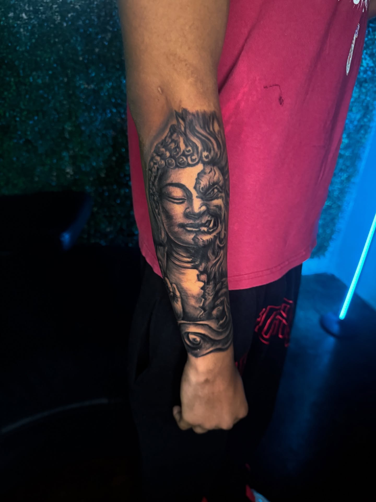 Buddha black and grey tattoo on the forearm by Dallas Tattoo Artist📍