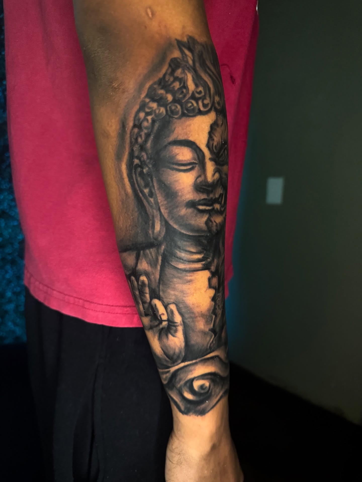 Buddha head realism tattoo on the forearm by Dallas Tattoo Artist📍