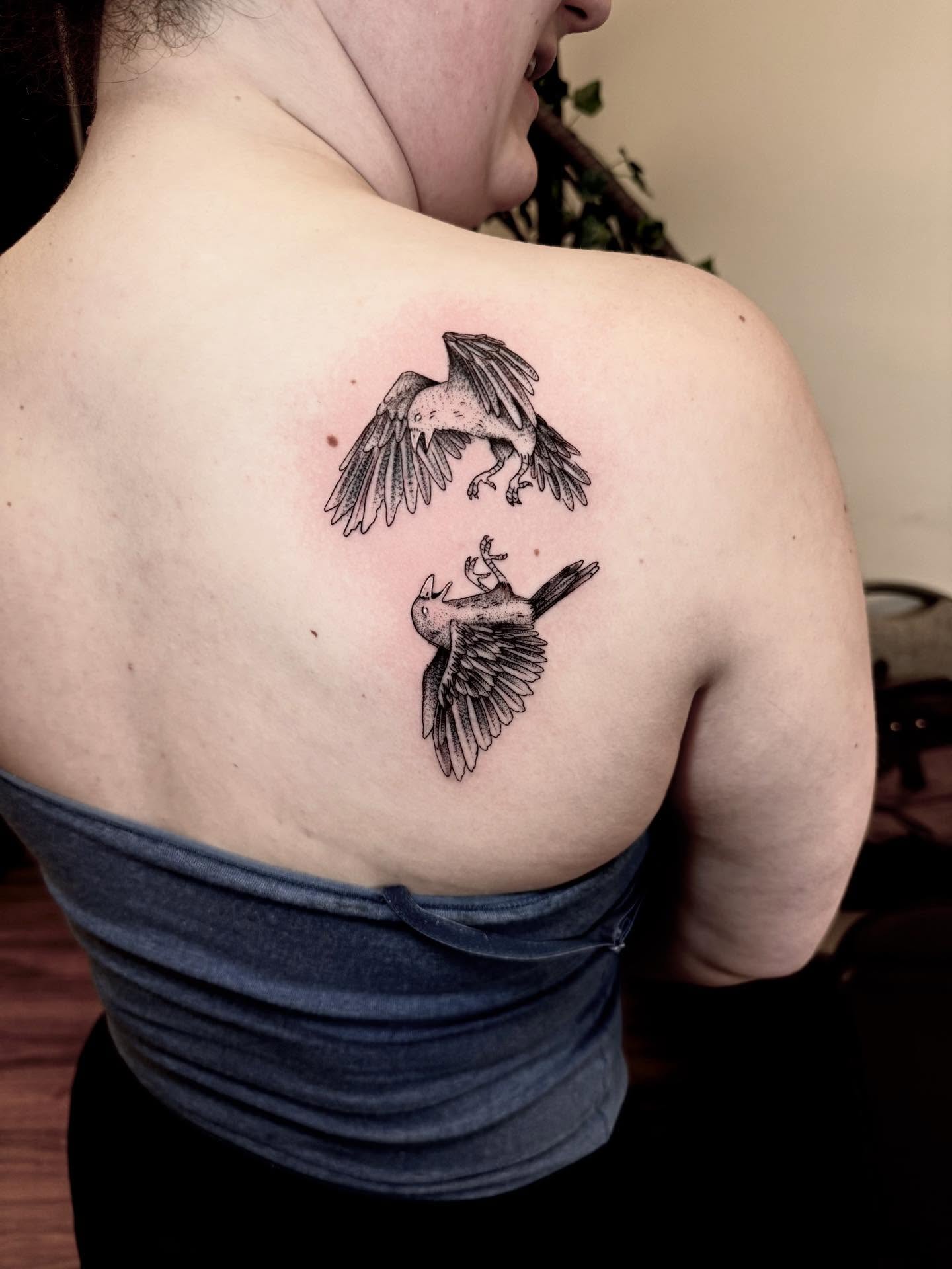 Birds black and grey tattoo on the shoulder by Max