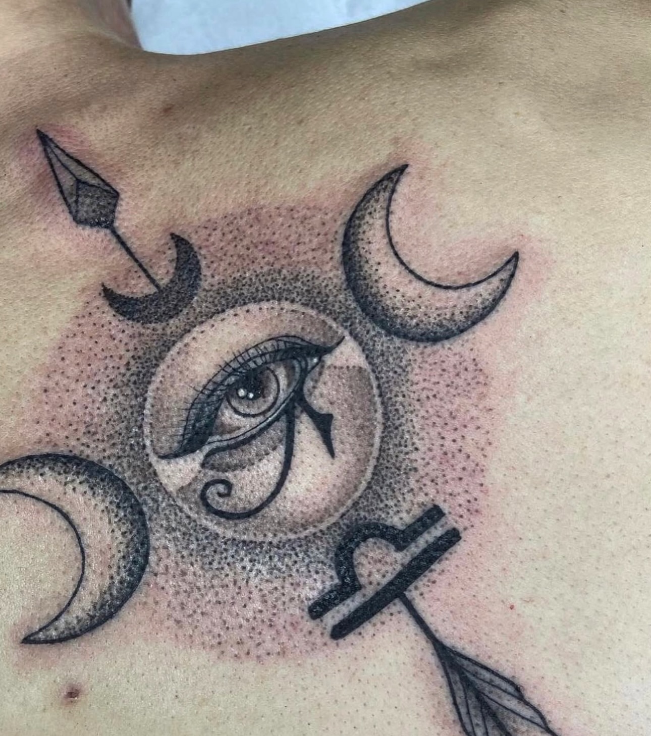 Eye with crescents and arrows dotwork tattoo on the chest by πͺππππ π¨ππππππ
ππ π΅π, West Hempstead, New York
